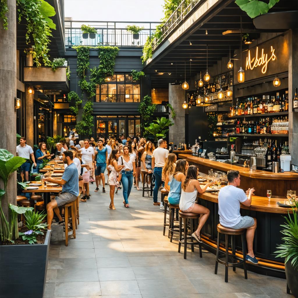 This image showcases a bustling outdoor dining area, teeming with patrons at tables and bar stools, enjoying a vibrant social atmosphere. The setting is accentuated by lush greenery and ambient lighting, with the 'Stable Diffusion Ultra image generator' adding a touch of realism and depth to the scene, highlighting its capabilities in creating immersive and visually appealing content.