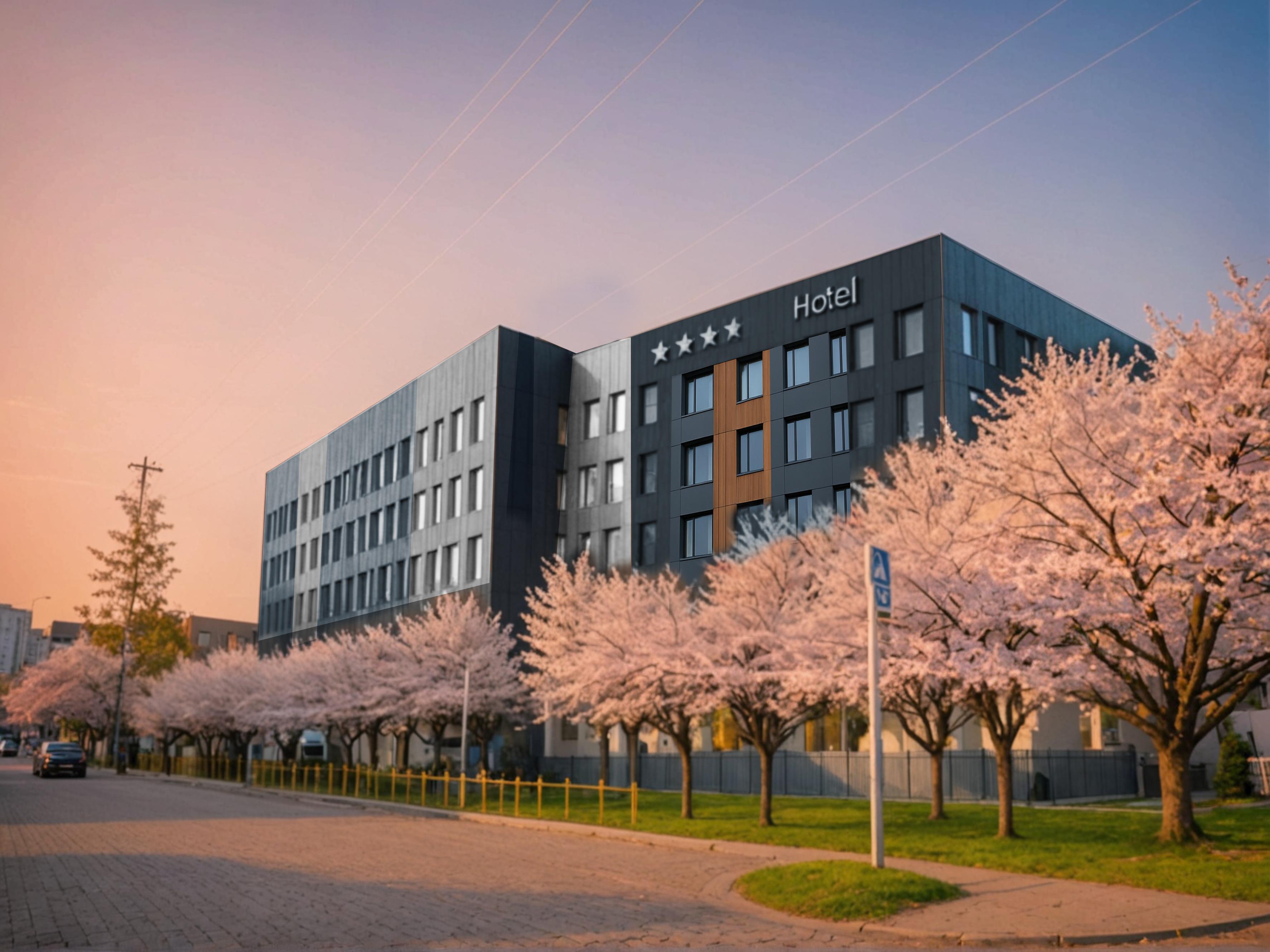 Découvrez le pouvoir transformateur d'Inpaint avec cette image saisissante d'un hôtel moderne, où les cerisiers fleurissent magnifiquement devant un bâtiment élégant et contemporain. Parfait pour mettre en valeur la capacité de l'outil à intégrer harmonieusement des éléments naturels dans les paysages urbains, améliorant ainsi l'attrait visuel de vos projets.