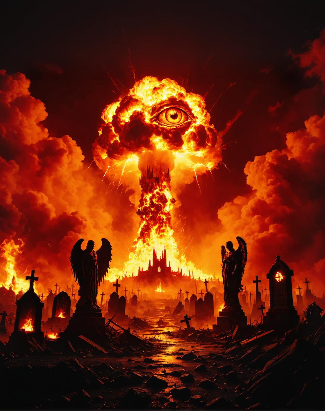 Discover the awe-inspiring power of Stable Assistant's 'Zoom out' tool, which masterfully extends your image with breathtaking detail. This image showcases a fiery, apocalyptic scene with an eye-catching explosion and angelic statues, demonstrating the tool's ability to create dramatic, expansive visuals that captivate and engage.
