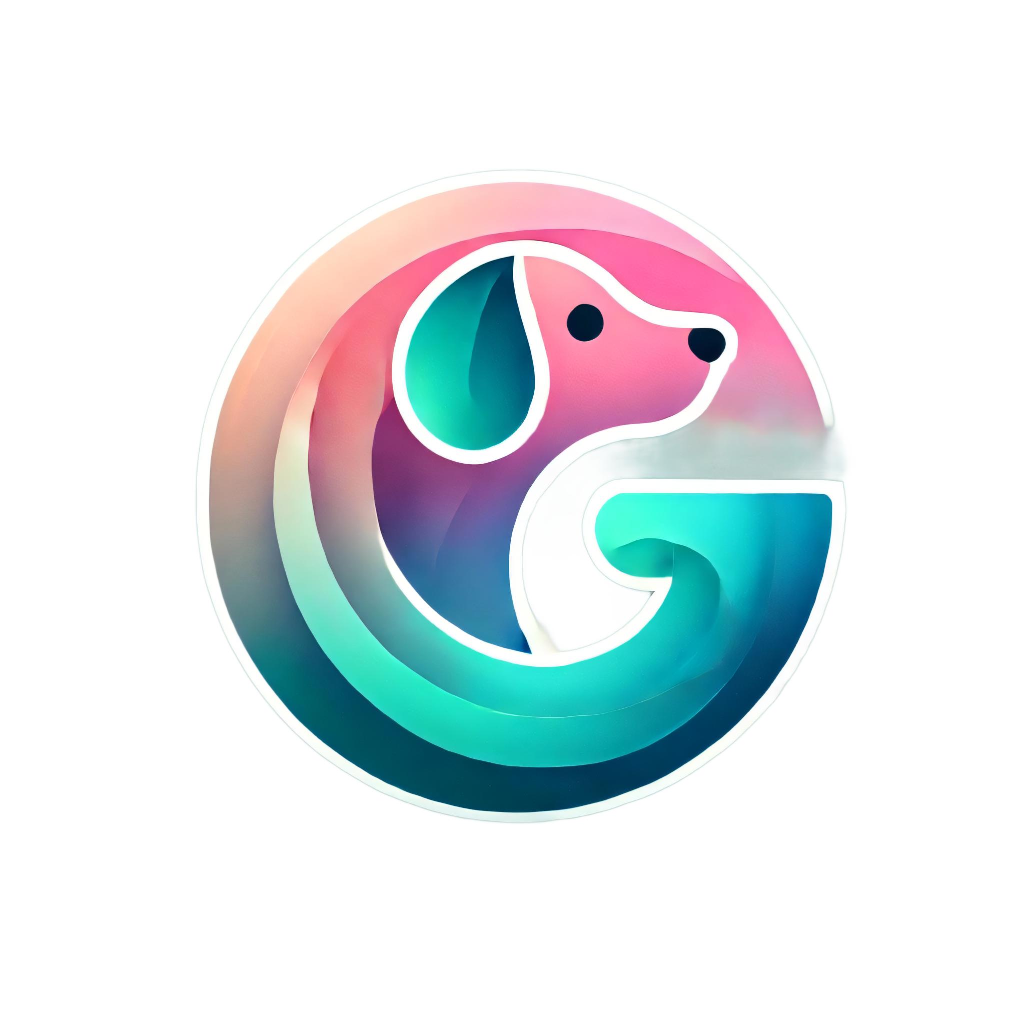 L'image présente un logo circulaire et coloré mettant en scène une silhouette de chien stylisée. Les capacités de l'outil 'Remove Background' sont mises en évidence par l'intégration fluide du chien dans un dégradé de rose, bleu et turquoise, créant un design visuellement saisissant et aux contours nets qui souligne la précision de l'outil pour isoler et améliorer les images.