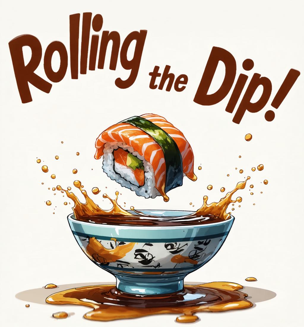 This image features a dynamic scene of a sushi roll being dipped into a bowl of sauce, causing a splash of sauce to fly in all directions. The illustration is vivid and full of life, showcasing the 'Zoom out' tool's ability to generate and extend images with a sense of movement and action. The words "Rolling the Dip!" are prominently displayed, adding a playful and engaging element to the scene.