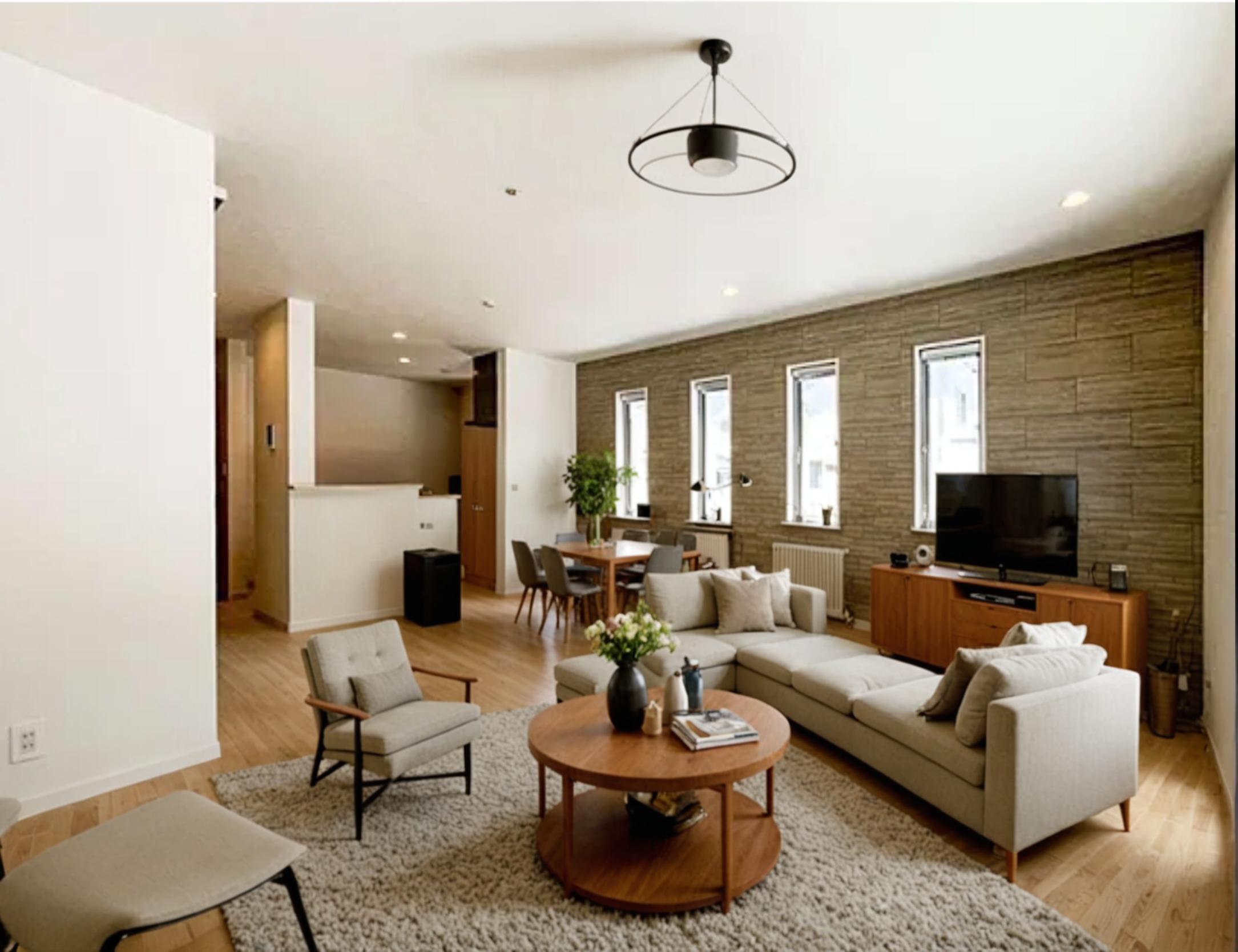 This modern living room, with its sleek furniture and warm wood tones, showcases the 'Inpaint' tool's ability to seamlessly replace selected areas with desired images, creating a harmonious and visually appealing space. The cozy setting invites viewers to explore the possibilities of photo editing and interior design with the advanced features of 'Inpaint'.