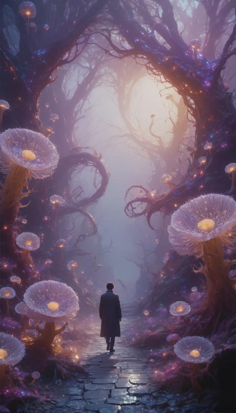 This mystical scene captures a lone figure walking down a cobblestone path through a fantastical forest, bathed in the ethereal glow of bioluminescent mushrooms and the soft light filtering through the canopy of gnarled trees. The enchanting atmosphere is enhanced by the enchanting light effects, a testament to the 'Stable Diffusion Ultra image generator's' ability to create vivid and otherworldly landscapes.