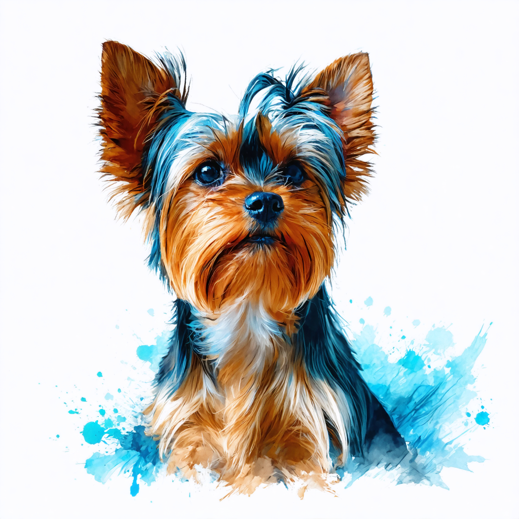 This image showcases a Yorkie with a striking blue and brown coat, created using the 'Stable Diffusion Ultra image generator.' The dog's portrait is rendered in a vibrant, watercolor style, with its head slightly tilted, exuding a sense of curiosity and charm. The generator's capabilities are highlighted through its ability to generate high-quality, artistic images with a focus on texture and color, making it an ideal tool for pet enthusiasts and artists alike.