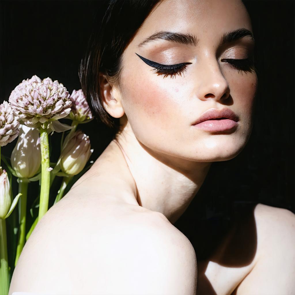 This is a captivating image of a woman with striking makeup, featuring dramatic winged eyeliner and a serene expression, set against a backdrop of delicate flowers. The image showcases the capabilities of the 'Stable Diffusion Ultra image generator' by creating a realistic and detailed portrait that highlights the beauty of the subject.