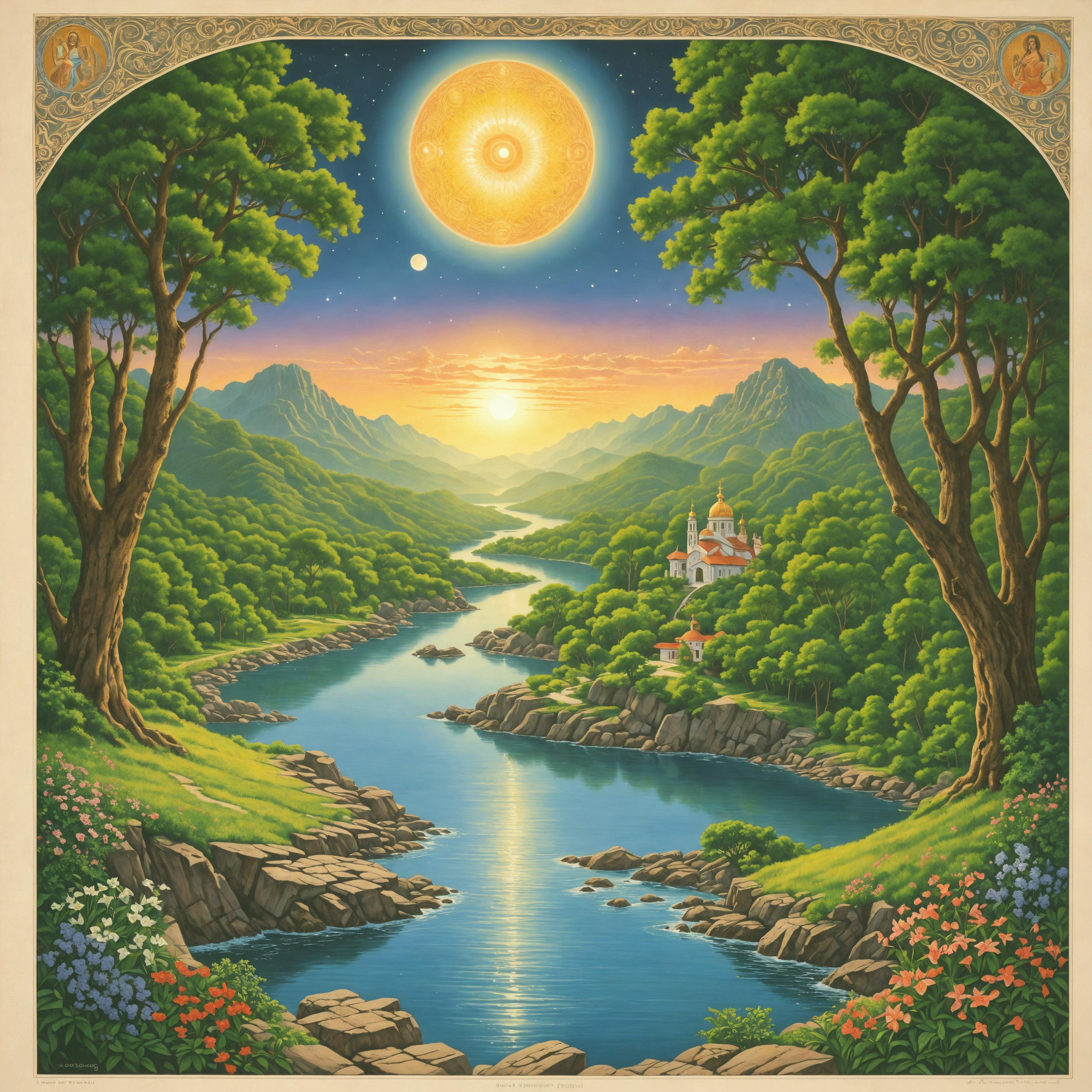 Discover the breathtaking beauty of this AI-generated landscape, where lush greenery and serene waters meet a majestic sunset. Crafted with Stable Assistant's 'Enhance' tool, this image showcases its ability to upscale visuals with a creative twist, perfect for enhancing any digital project. Experience the transformative power of 'Enhance' in creating stunning, high-quality visuals.