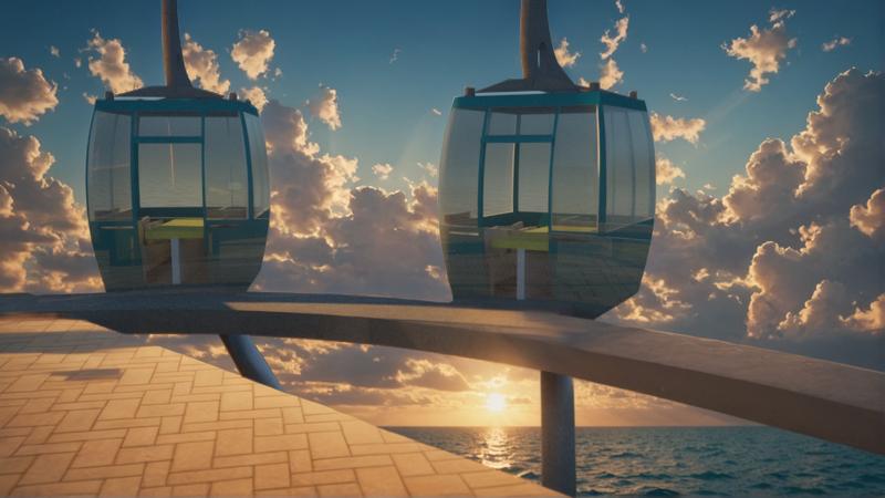 This breathtaking image showcases a pair of transparent cable cars suspended above the ocean at sunset, thanks to the innovative 'Inpaint' tool that allows users to replace selected areas of an image with their own content, offering a unique blend of real-world scenery and imaginative design.