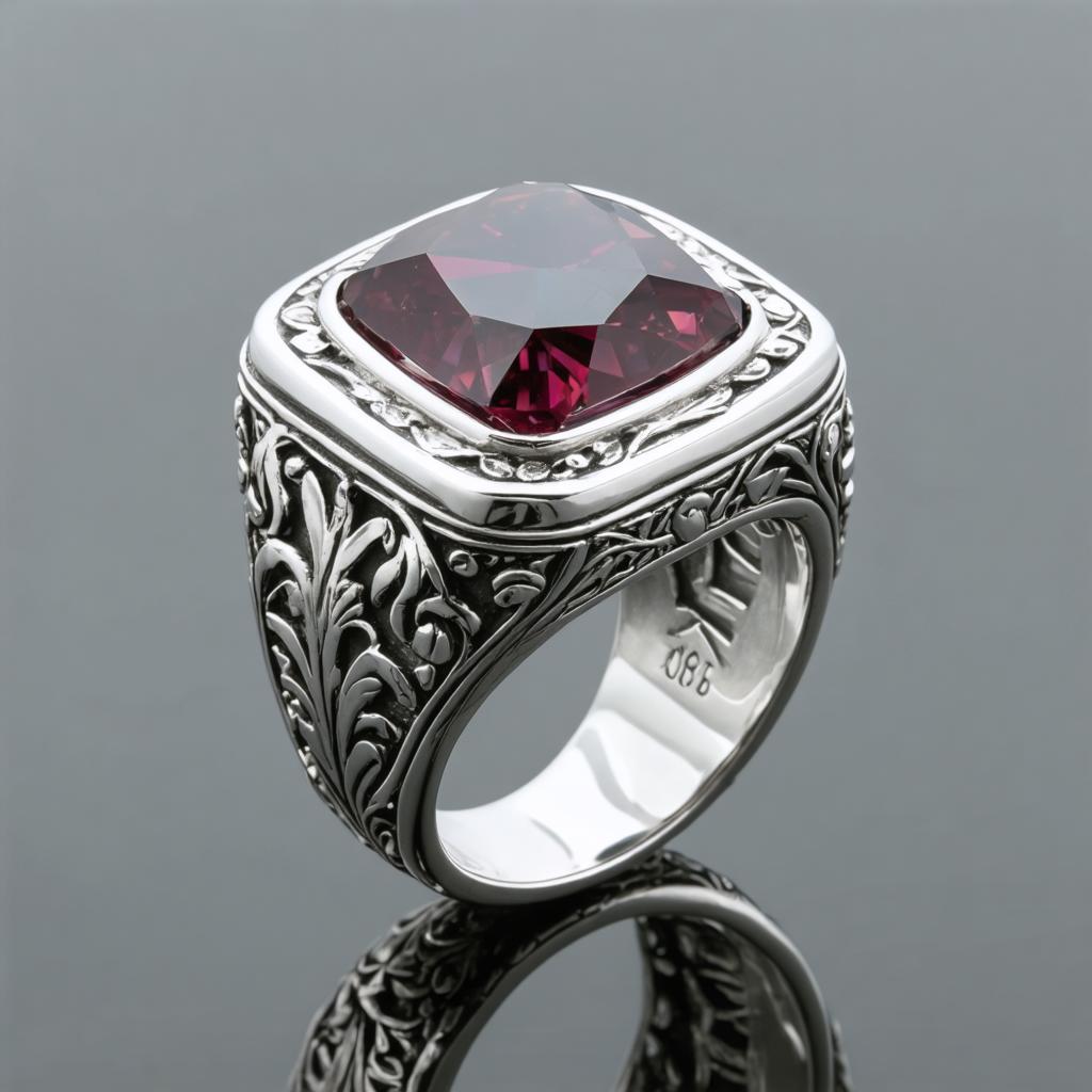 Discover the exquisite craftsmanship of Stable Diffusion Ultra image generator with this stunning ring featuring a vibrant red gemstone and intricate silver detailing. Perfect for showcasing the tool's ability to create highly detailed and visually appealing images, this ring exemplifies the precision and artistry achievable with Stable Diffusion Ultra.