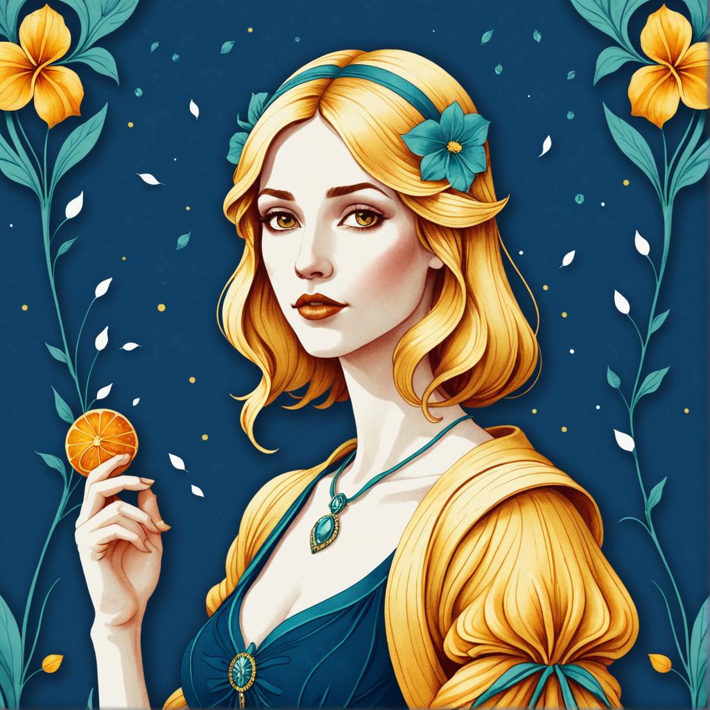 Questa immagine, creata con il 'Generatore di immagini Stable Diffusion Ultra', presenta un'illustrazione digitale di una giovane donna con capelli biondi dorati, indossando un abito blu scuro ornato da una collana turchese e reggendo un'arancia. Lo sfondo presenta una tonalità di blu scuro con fiori arancioni decorativi e petali bianchi sparsi, evocando un senso di fantasia ed eleganza. I dettagli delle texture e i colori vivaci dell'immagine evidenziano la capacità del generatore di produrre opere digitali di alta qualità e personalizzabili.