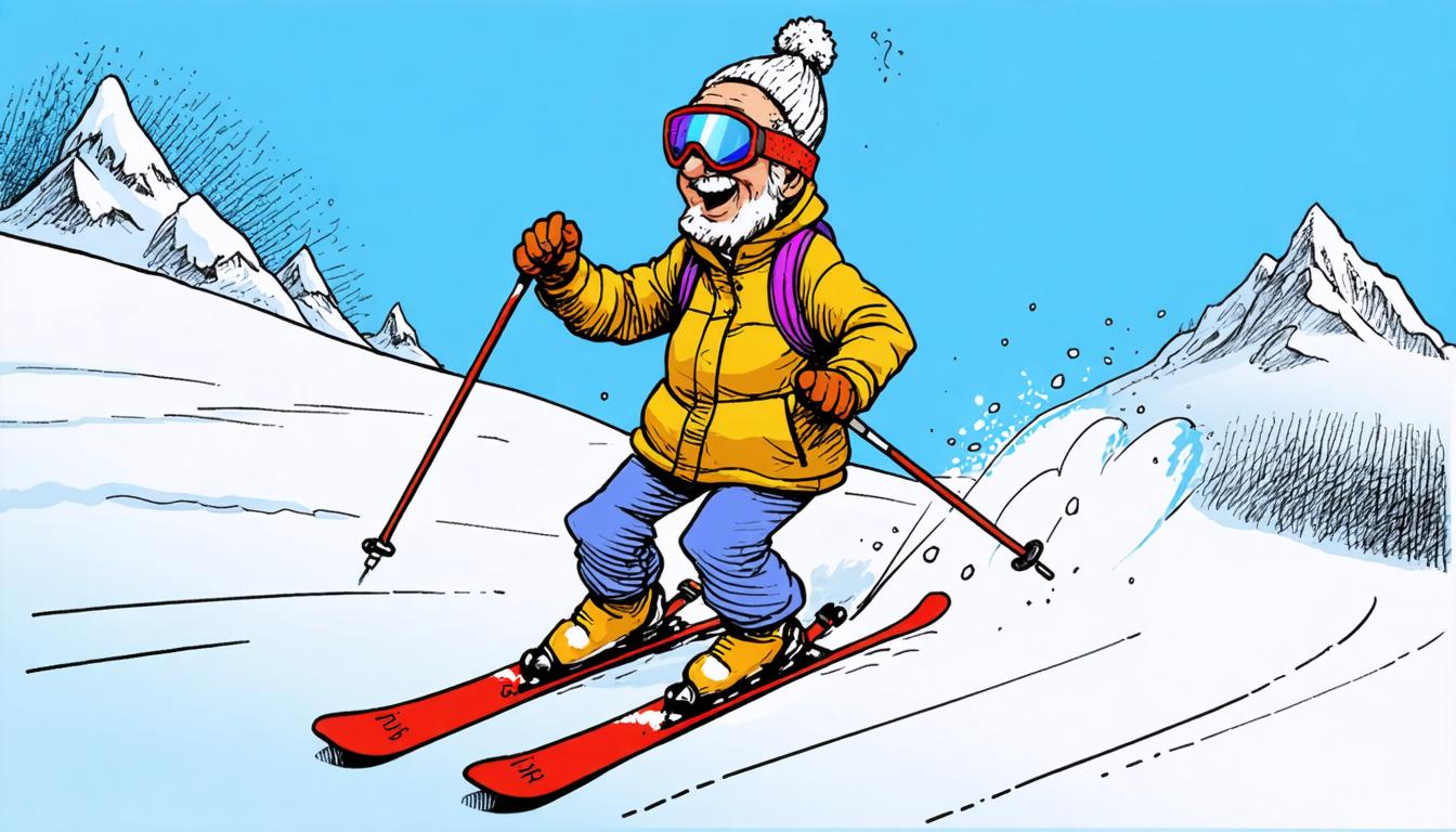 In this vibrant illustration, a cheerful elderly man with a white beard is captured in mid-action, skiing down a snowy mountain slope. He's clad in a bright yellow jacket, blue pants, and a white beanie, with red ski goggles adding a pop of color. His skis, a striking red, cut through the pristine white snow, kicking up a spray of snowflakes. The backdrop features majestic snow-covered mountains under a clear blue sky. This image showcases the capabilities of the 'Stable Diffusion Ultra image generator,' which can create dynamic and vivid scenes from user prompts.