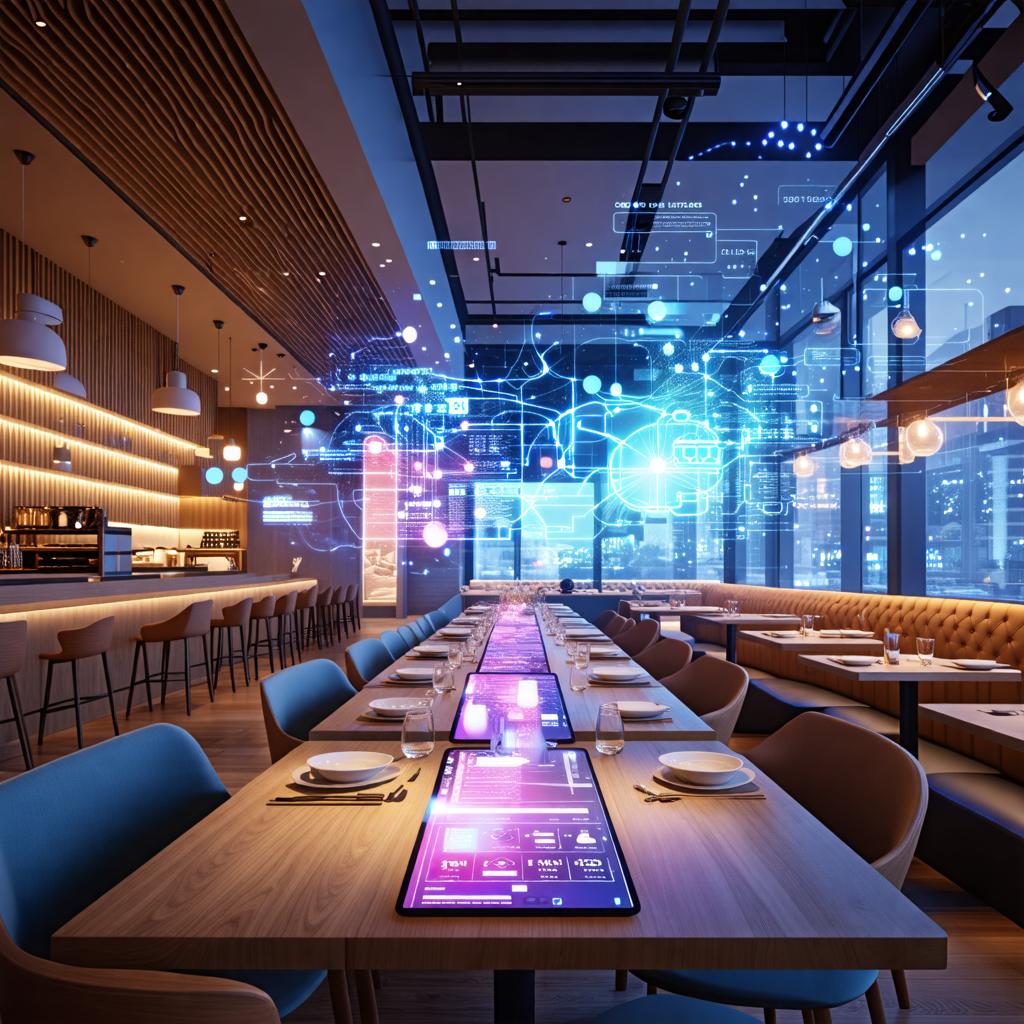 This image showcases a futuristic restaurant interior, illuminated by a captivating digital hologram that projects a network of interconnected nodes and lines, symbolizing advanced technology and connectivity. The sleek design features wooden tables and modern seating, with a bar area in the background, all bathed in a soft blue glow that enhances the ambiance. The 'Stable Diffusion Ultra image generator' has been used to create this visually stunning scene, highlighting its ability to blend traditional interior design with cutting-edge digital graphics, making it an ideal tool for designers seeking to integrate technology into their projects.