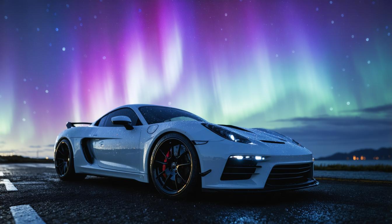 Cette image met en scène une élégante voiture de sport blanche éclairée sous les teintes fascinantes de l'aurore boréale, une représentation captivante créée par le générateur d'images 'Stable Diffusion Ultra'. Les capacités du générateur sont mises en évidence par la représentation réaliste de la voiture et du phénomène naturel spectaculaire, démontrant son excellence dans la génération d'images de haute qualité et photoréalistes à partir de prompts.