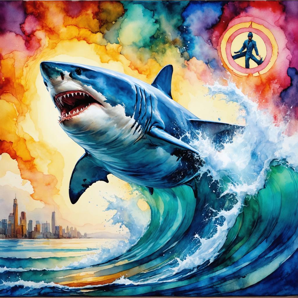 In questa immagine vivace, una dinamica skyline cittadina costituisce lo sfondo per una scena drammatica che presenta una maestosa tigre siberiana, catturata a mezz'aria, mentre emerge da una schiumosa onda turchese. Il cielo dietro è uno spettacolo mozzafiato di nuvole a guisa di acquerello, che esplodono in una gamma di colori che passano da gialli caldi a viola profondi. Sopra la tigre fluttua una figura misteriosa all'interno di un cerchio rosso, aggiungendo un elemento di mistero alla composizione. Quest'opera affascinante è stata realizzata con maestria utilizzando il 'generatore di immagini Stable Diffusion Ultra', che dimostra la sua capacità di produrre immagini vivide ad alta risoluzione con effetti visivi straordinari e elementi surreali.