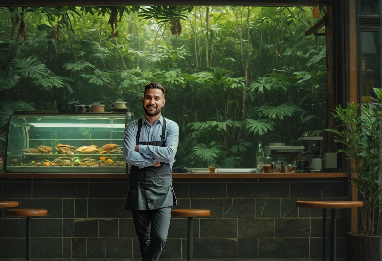 In this vibrant image, a cheerful chef in a smart blue apron stands confidently in front of a counter, with a lush, verdant jungle scene as the backdrop, all thanks to the 'Replace Background' tool. The counter displays a variety of fresh produce and a coffee machine, inviting customers to enjoy a meal in this unique, nature-inspired setting.