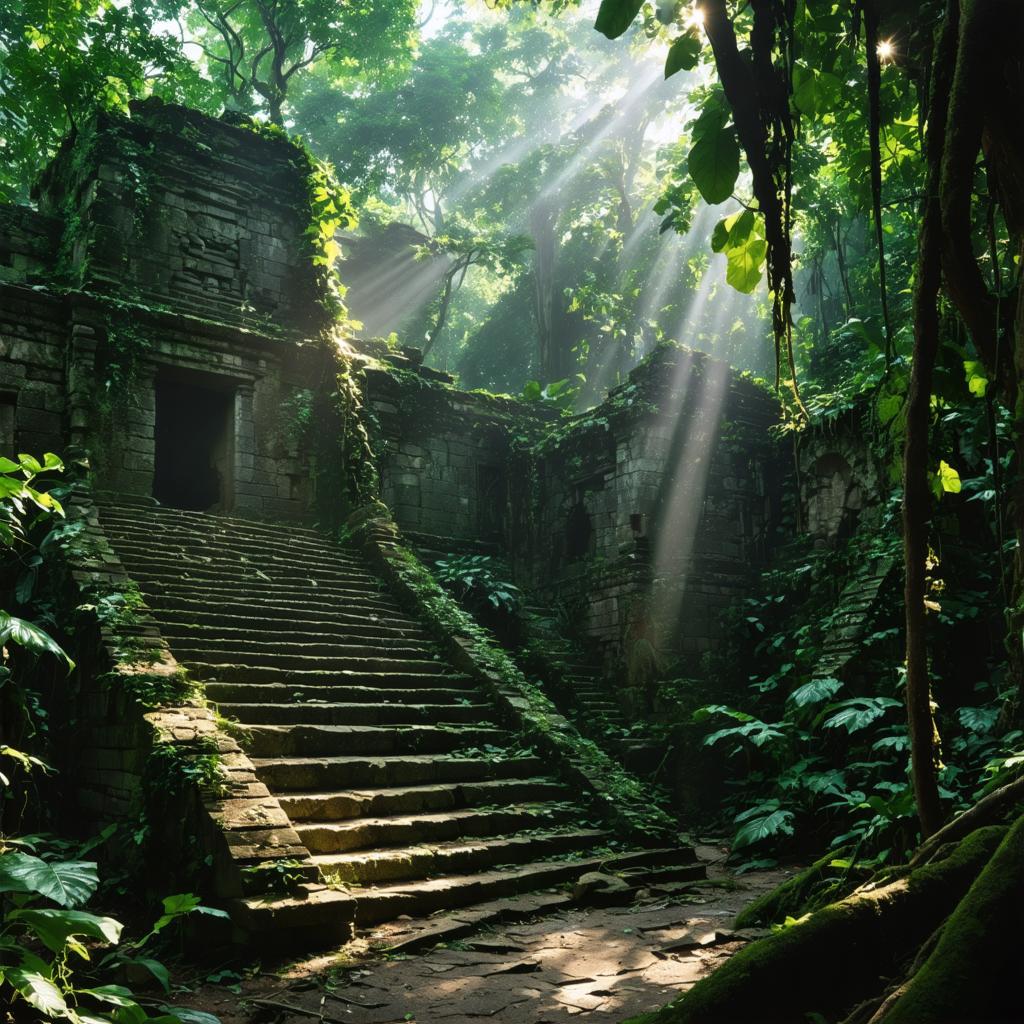 Discover the enchanting allure of ancient ruins enveloped in lush greenery, where sunlight filters through the canopy, casting ethereal beams. Crafted with the advanced capabilities of Stable Diffusion Ultra image generator, this captivating scene showcases the tool's prowess in blending intricate details with breathtaking natural beauty, perfect for evoking a sense of wonder and exploration.