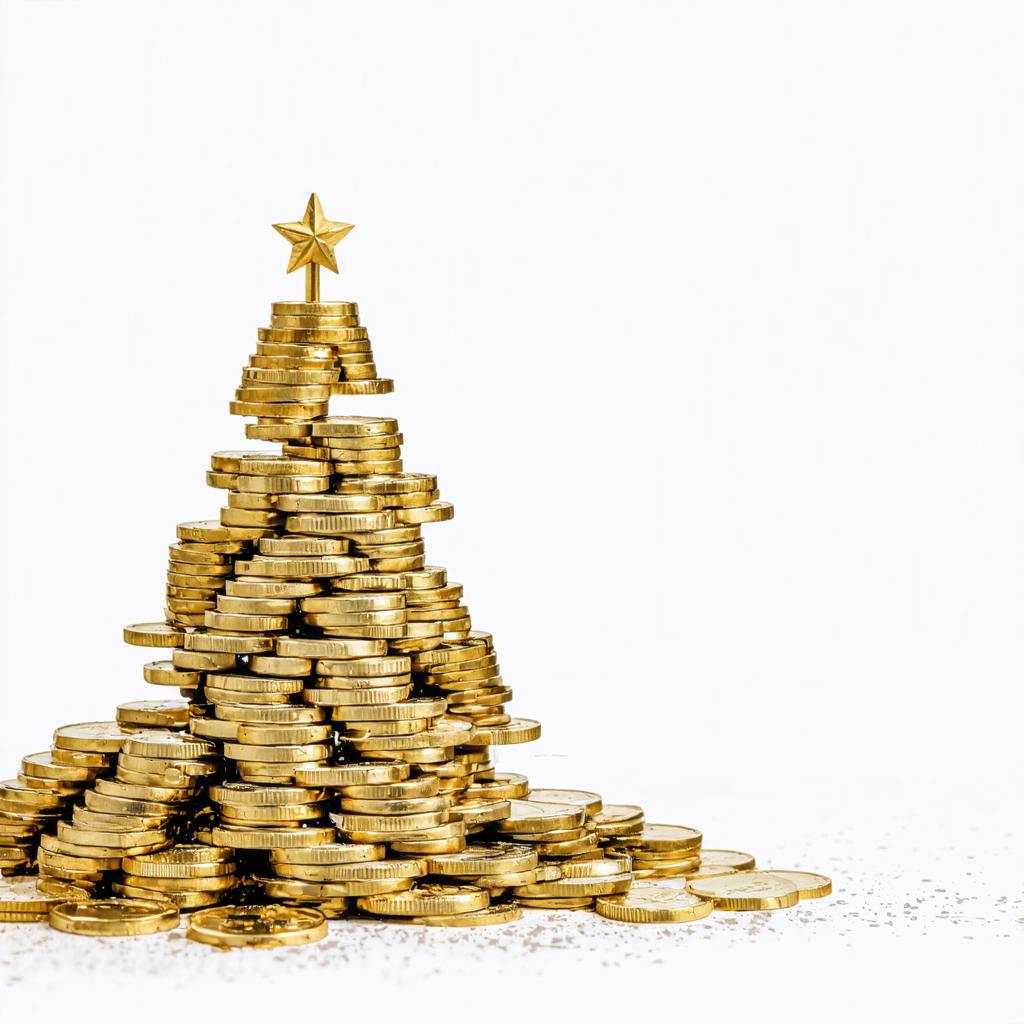 This image features a unique Christmas tree constructed from an array of golden coins, topped with a shining gold star, all set against a pristine white background. The Stable Diffusion Ultra image generator showcases its capability to create visually striking and symbolic representations, blending traditional holiday imagery with a modern, monetary twist.