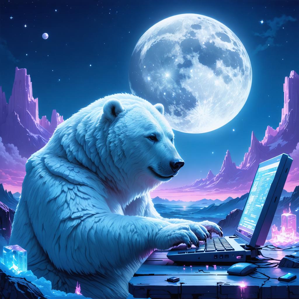 Dans cette image captivante, un ours polaire blanc est représenté en train d'utiliser un ordinateur portable dans un paysage fantastique sous la pleine lune, avec des montagnes roses et des étoiles en arrière-plan. La scène surréaliste est rendue vivante par le générateur d'images 'Stable Diffusion Ultra', mettant en évidence sa capacité à créer des œuvres d'art numériques uniques et imaginatives.