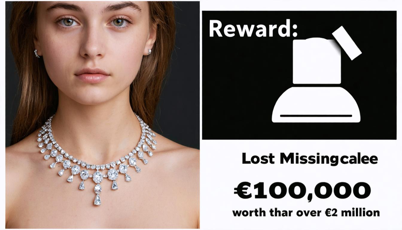 This image showcases a woman adorned with a dazzling diamond necklace, paired with matching earrings, set against a stark black background. To the right, a white silhouette of a bottle with a label reading "Reward" hints at a potential reward or prize, with the text "Lost Missingcallee" and a reward amount of "€100,000 worth than over €2 million" displayed below, suggesting a high-value incentive. The use of high-contrast colors and the striking jewelry emphasize the capabilities of the 'Stable Diffusion Ultra image generator' in creating visually compelling images with detailed textures and realistic lighting effects.
