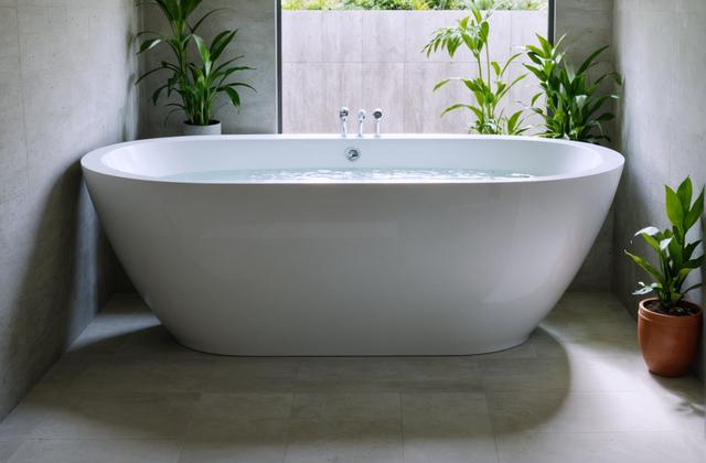 Discover the serene elegance of modern bathroom design with this stunning image, crafted using the advanced 'Sketch to Image' tool. Perfectly capturing the essence of minimalist luxury, this image showcases a sleek, freestanding bathtub surrounded by lush greenery, highlighting the tool's ability to transform simple sketches into breathtakingly realistic scenes.