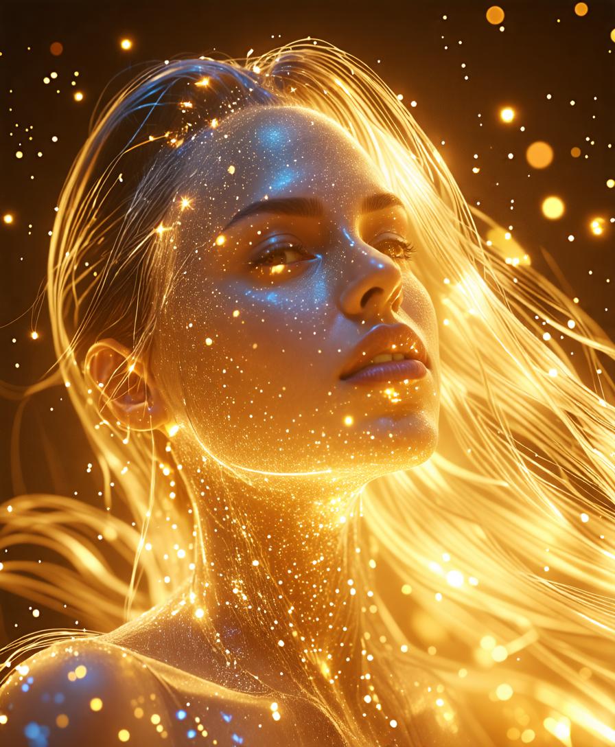 Vivez la magie de 'Stable Diffusion Ultra' avec ce portrait éthéré d'une femme, son visage et ses cheveux transformés en une danse cosmique de lumière dorée et de particules scintillantes, évoquant une beauté surnaturelle et les infinies possibilités de l'art numérique.