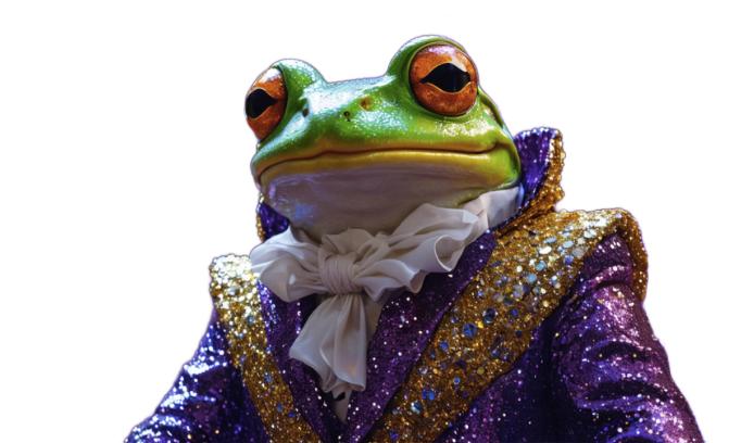 Cette image met en scène une grenouille portant un luxueux manteau en sequins pourpre et doré, assorti d'un col amidonné blanc frangé, mettant en évidence la précision et le détail offerts par l'outil 'Supprimer l'arrière-plan' de Stable Assistant, qui permet aux utilisateurs de supprimer facilement les arrière-plans des images de manière fluide.