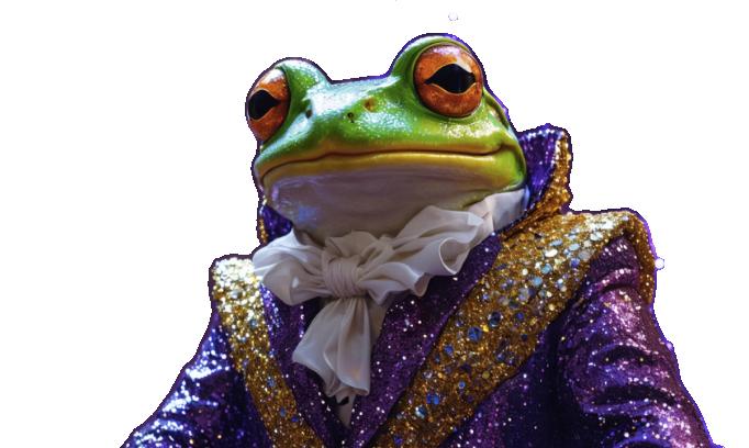 This image features a frog donning a luxurious purple and gold sequined jacket, accessorized with a crisp white ruffled collar, showcasing the precision and detail offered by Stable Assistant's 'Remove Background' tool, which allows users to seamlessly remove backgrounds from images with ease.