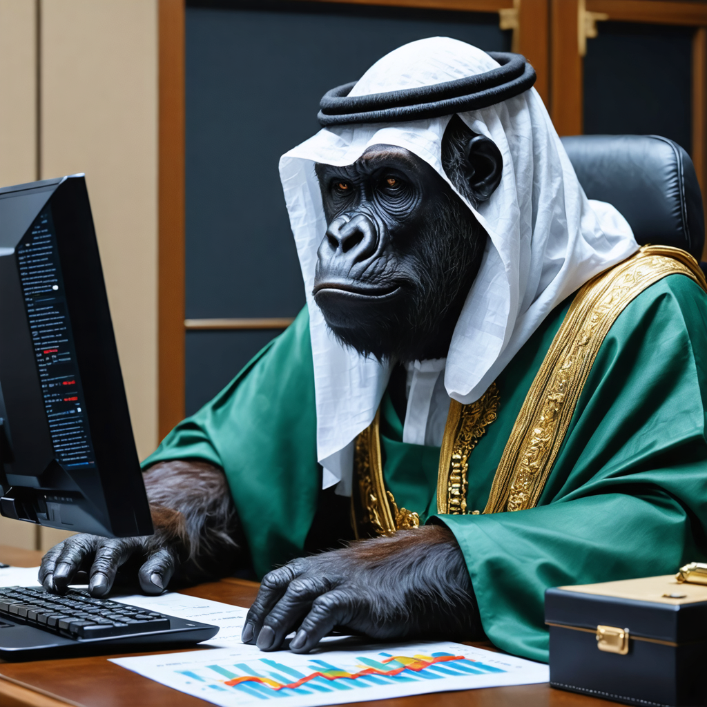 Experience the surreal and imaginative capabilities of Stable Diffusion Ultra image generator with this striking image of a gorilla dressed in traditional Middle Eastern attire, working at a desk with a computer. The AI tool's ability to blend realistic elements with fantastical scenarios is on full display, showcasing its potential for creative and unique visual storytelling.