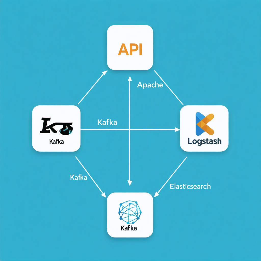 This image showcases a central 'API' box connected to four distinct services: 'Apache', 'Kafka', 'Logstash', and 'Elasticsearch', forming a harmonious data flow. The image is a product of 'Stable Diffusion Ultra image generator', which is known for its ability to create engaging visuals from prompts, highlighting its versatility in generating high-quality images for various purposes.