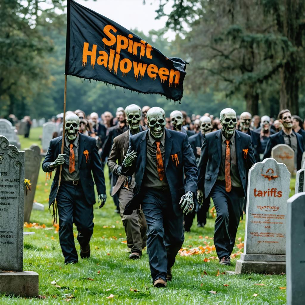 The image showcases a spooky yet creative scene of skeletons dressed in suits, marching through a graveyard, with one holding a "Spirit Halloween" flag. This captivating scene is a testament to the advanced capabilities of the Stable Diffusion Ultra image generator, which effortlessly blends eerie Halloween themes with detailed, lifelike characters. Perfect for generating high-quality, imaginative content, this tool is ideal for anyone seeking to create unique and engaging visuals.