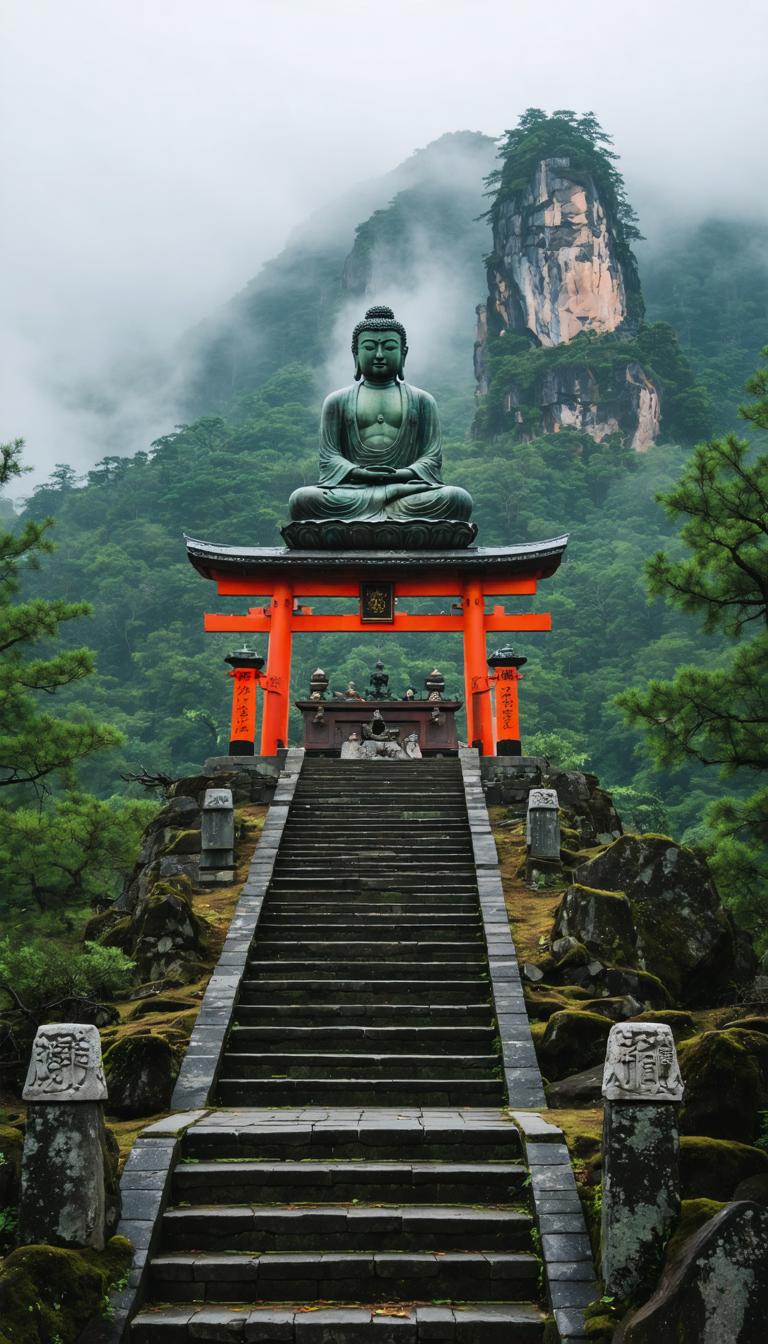 Questa immagine affascinante mostra una scena serena con una maestosa statua verde di Buddha seduta su una porta rossa torii, che domina una scalinata che conduce a un paesaggio montano nebbioso. L'atmosfera tranquilla e il contrasto vivido dei colori creano un'armoniosa fusione di natura e spiritualità. L'immagine è stata realizzata con cura utilizzando il potente generatore di immagini 'Stable Diffusion Ultra', che eccelle nella creazione di scene realistiche e visivamente accattivanti, rendendolo uno strumento perfetto per chi cerca di generare contenuti di alta qualità e ottimizzati per i motori di ricerca.
