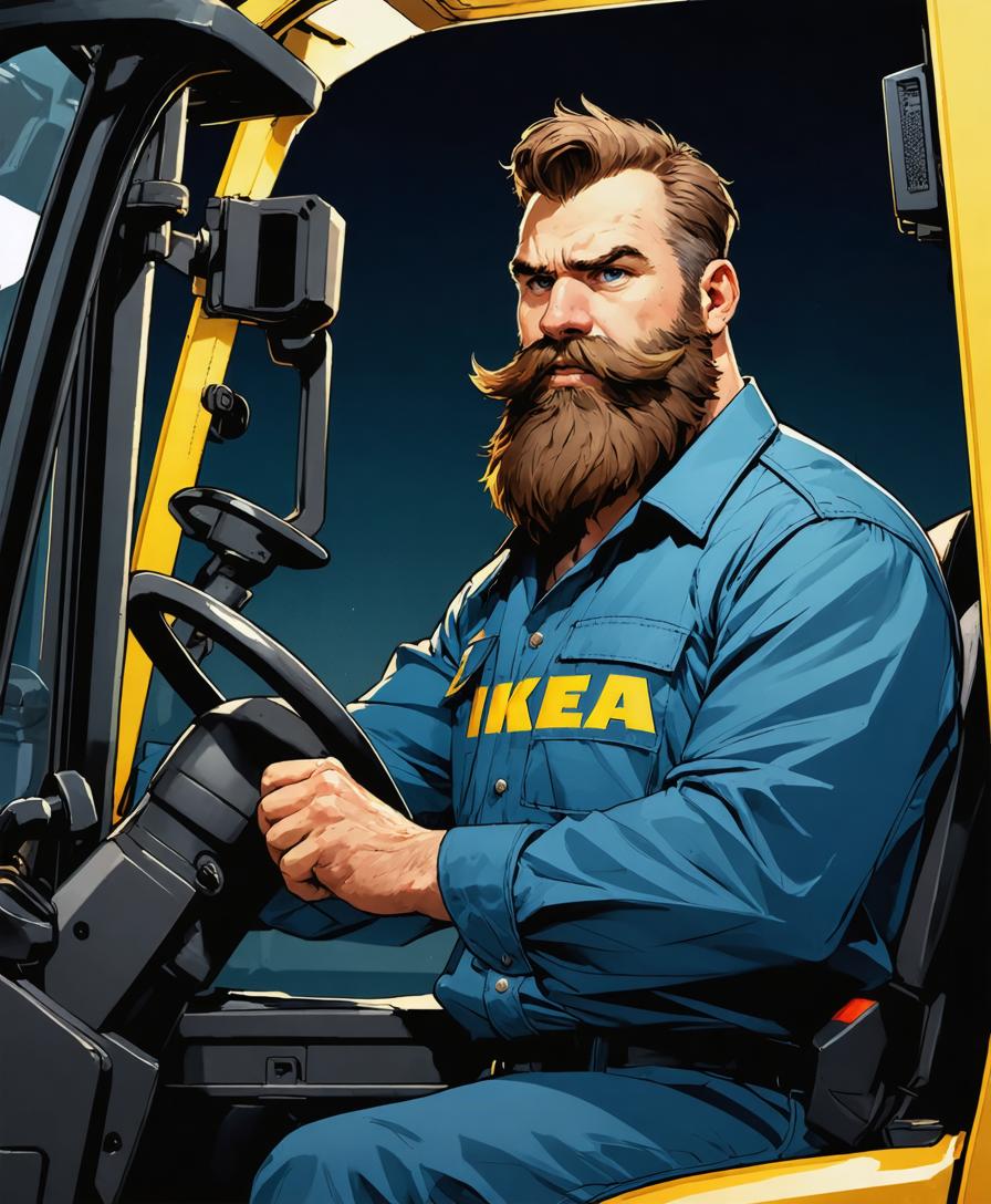 Discover the power of Stable Diffusion Ultra image generator with this stunning illustration of a bearded man in a blue IKEA uniform, confidently piloting a yellow construction vehicle. This tool's advanced capabilities bring vivid, detailed scenes to life, perfect for creative professionals and enthusiasts alike. Experience the seamless blend of imagination and technology with Stable Diffusion Ultra.