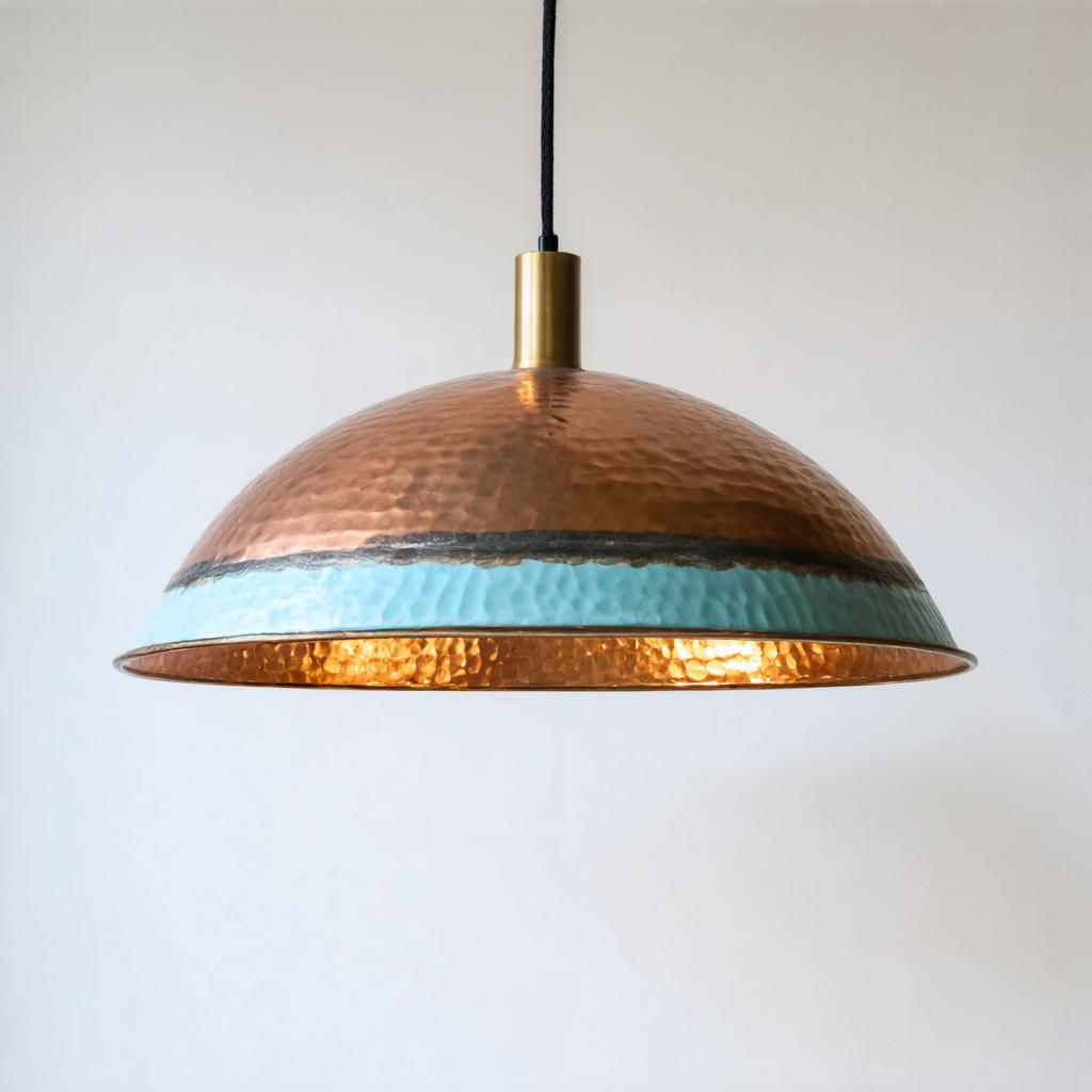 Discover the stunning capabilities of Stable Diffusion Ultra image generator with this beautifully crafted pendant light. Featuring a copper dome with a textured turquoise stripe, this AI-generated image showcases the tool's ability to create intricate and visually appealing designs effortlessly. Perfect for highlighting the precision and creativity of Stable Diffusion Ultra in generating unique and captivating visuals.