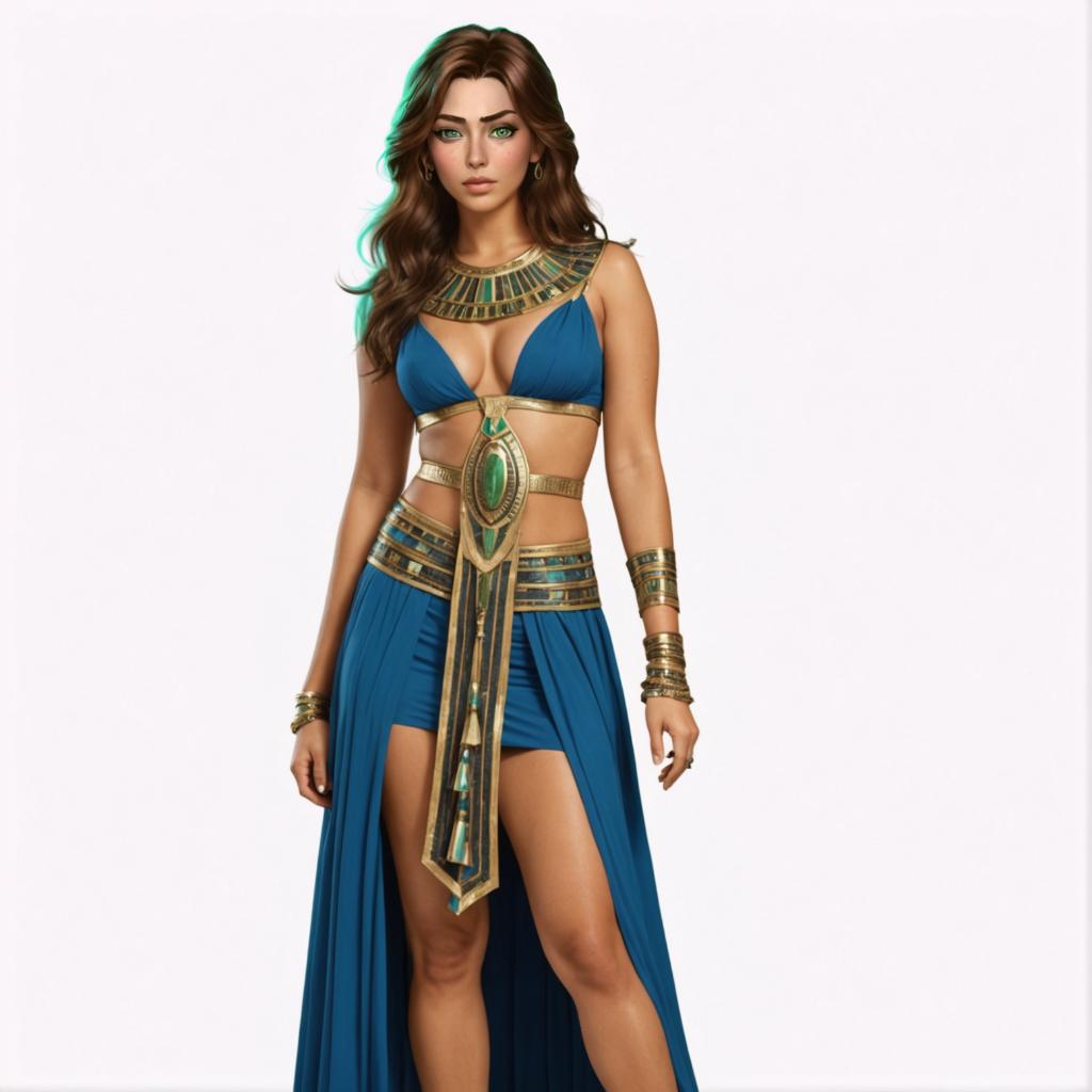 The image showcases a digitally enhanced woman in an Egyptian-themed costume, rendered using the 'Inpaint' tool. The tool's capabilities are highlighted by its ability to seamlessly replace the background, enhancing the visual impact and focusing attention on the intricate gold and turquoise jewelry and clothing, embodying the rich history and culture of ancient Egypt.