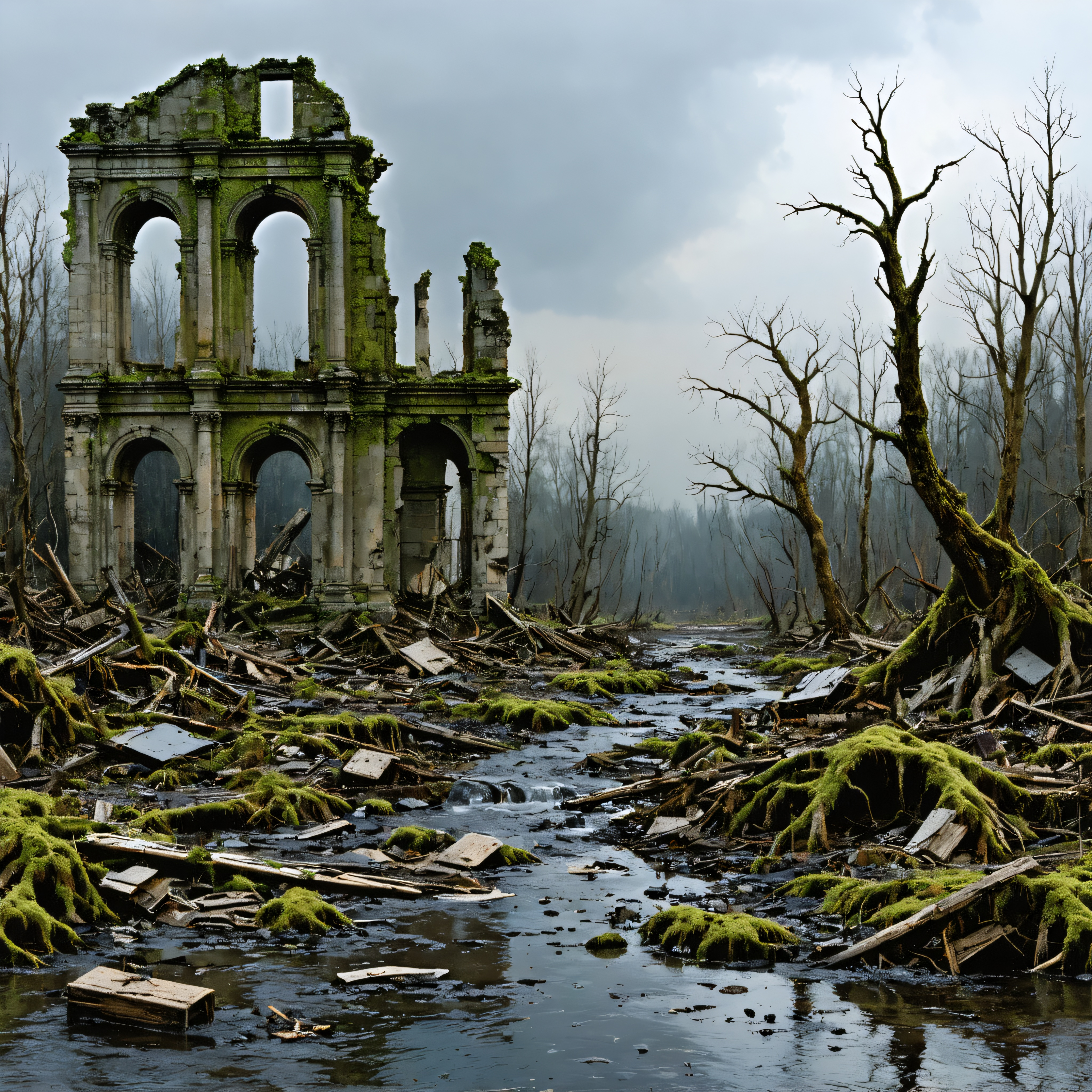 Discover the transformative power of Stable Assistant's Upscale tool, which masterfully enhances the visual appeal of this hauntingly beautiful, abandoned ruin scene. The image showcases the tool's ability to upscale while maintaining the original's essence, capturing the intricate details of the moss-covered ruins and the eerie, overgrown landscape. Perfect for highlighting the tool's precision and artistic finesse in restoring and elevating visual content.