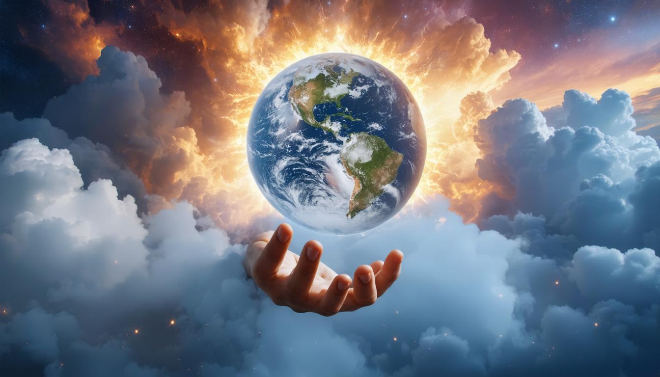 Discover the awe-inspiring capabilities of Stable Diffusion Ultra image generator with this breathtaking image of a hand cradling the Earth, set against a cosmic backdrop of swirling clouds and vibrant auroras. Experience the seamless blend of creativity and technology that brings your imagination to life, showcasing the tool's ability to generate stunning, photorealistic visuals.