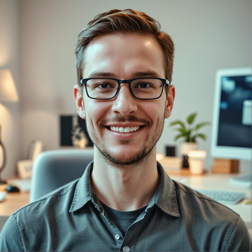 Nell'immagine, un uomo allegro con gli occhiali è presentato in un ambiente di ufficio moderno, con un monitor e accessori da scrivania sullo sfondo. L'individuo indossa una camicia grigia e ha una barba corta, mostrando un'immagine professionale ma allo stesso tempo accogliente. Questa immagine, generata da 'Stable Diffusion Ultra image generator', rappresenta la capacità dello strumento di creare visivi realistici e coinvolgenti per vari contesti, inclusi ambienti professionali.