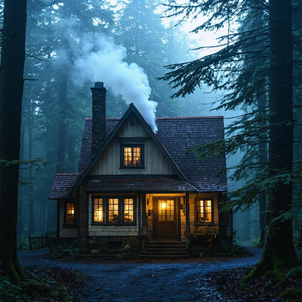 Questa immagine incantevole mostra una confortevole capanna nascosta in una foresta nebbiosa, con luci calde che brillano dalle finestre e un camino che emette una rassicurante nuvola di fumo. La scena è un tributo al 'Generatore di immagini Stable Diffusion Ultra', che fonde in modo fluido elementi della natura con il fascino rustico della capanna, creando un'atmosfera visivamente accattivante e accogliente che cattura l'essenza di una tranquilla ritirata nel bosco.