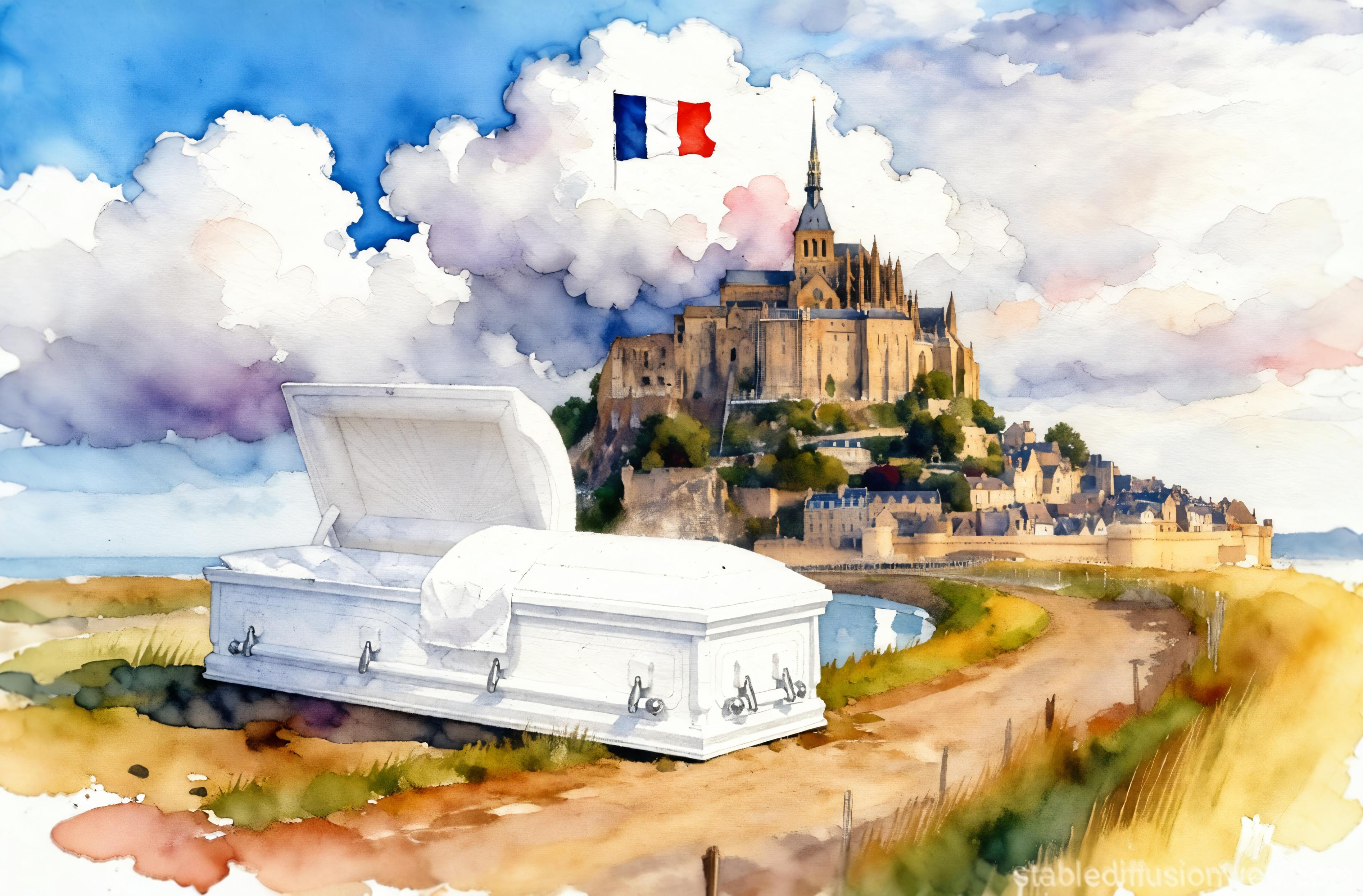 Discover the enchanting blend of history and imagination with this captivating watercolor illustration, where a majestic white coffin rests on a serene landscape, overlooking the iconic Mont Saint-Michel. The 'Zoom out' feature effortlessly extends your image, seamlessly merging elements of art and architecture, perfect for evoking a sense of wonder and creativity.