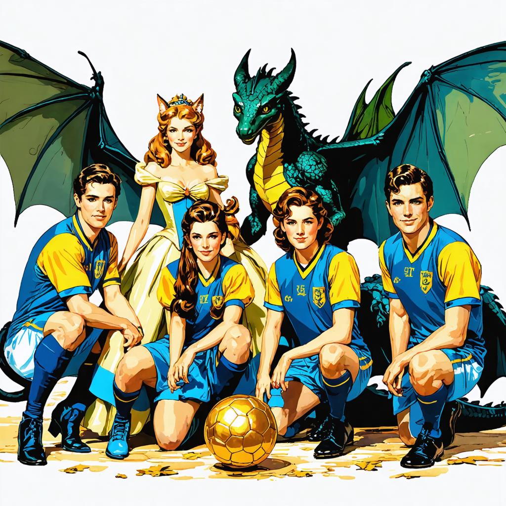 Discover the captivating world of AI-generated art with Stable Diffusion Ultra image generator! This stunning illustration showcases a vibrant soccer team in blue and yellow jerseys, accompanied by a majestic dragon and a princess, all seamlessly blended with a golden soccer ball. Experience the unparalleled creativity and detail that Stable Diffusion Ultra brings to your digital art projects.