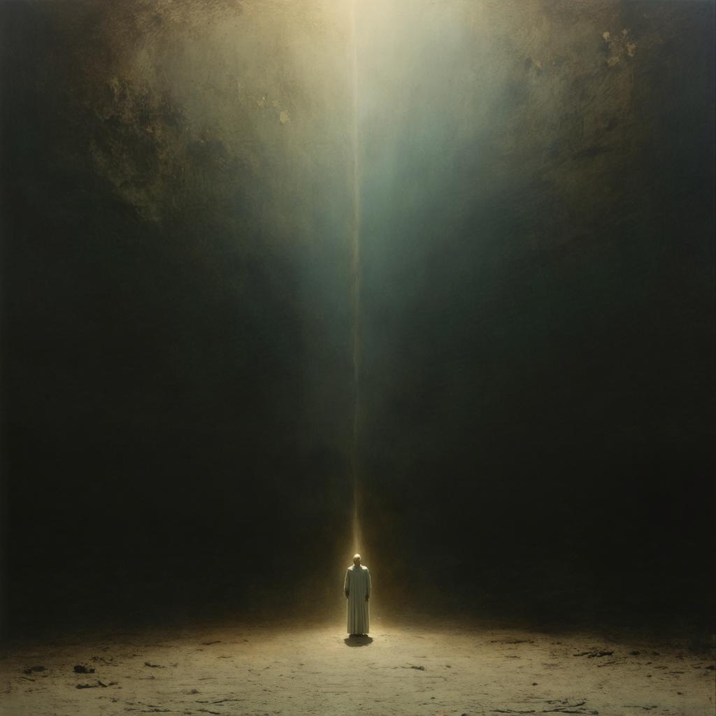 Discover the mesmerizing capabilities of Stable Diffusion Ultra image generator with this ethereal artwork. A solitary figure stands in a dimly lit, cavernous space, illuminated by a divine beam of light, showcasing the tool's ability to create stunning, otherworldly scenes. Perfect for generating captivating visuals, this AI tool brings your imagination to life with unparalleled detail and depth.