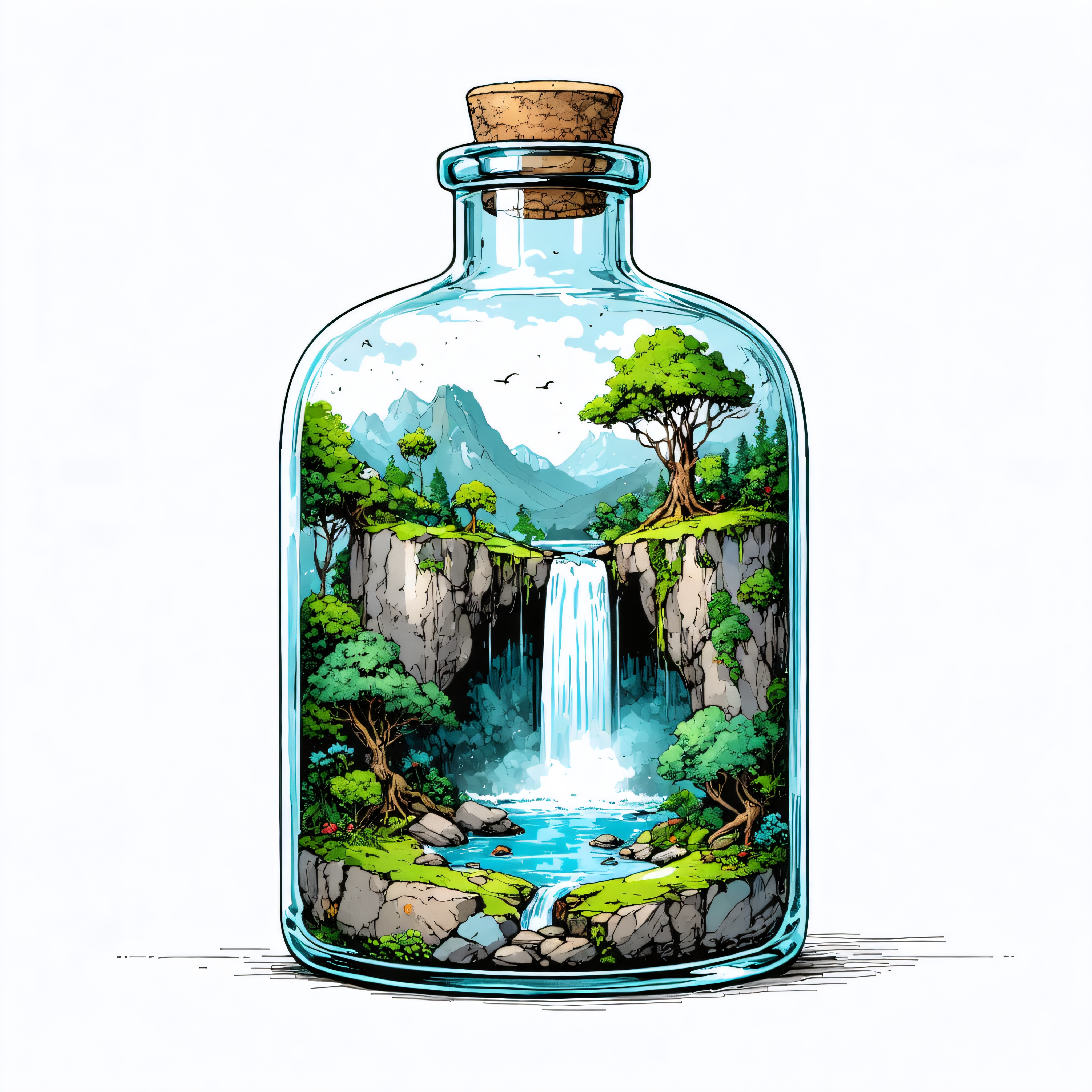 Discover the enchanting beauty of nature captured in this stunning illustration, brought to life with the advanced capabilities of Stable Assistant's Upscale tool. This image showcases a breathtaking scene of a cascading waterfall nestled within a lush, verdant forest, with towering trees and majestic mountains in the background. The Upscale tool effortlessly enhances the details and vibrancy of the original artwork, making it a perfect example of how this tool can elevate your visual content to new heights.