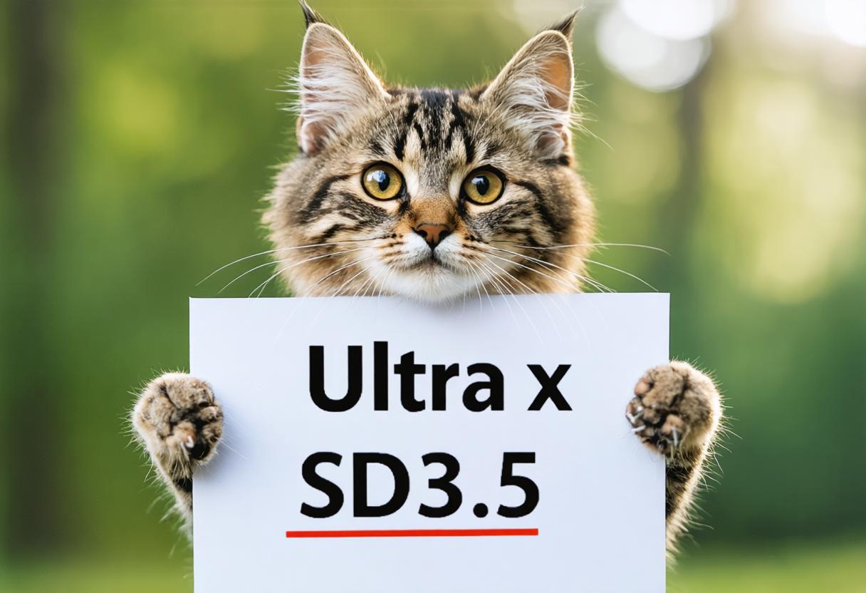 A fluffy, tabby cat with striking yellow eyes is holding up a sign that reads "Ultra x SD3.5," suggesting the use of the 'Stable Diffusion Ultra image generator' to create this captivating and SEO-optimized image. The cat's endearing pose and the clear, bold text make the image visually engaging while incorporating key terms for search engine optimization.