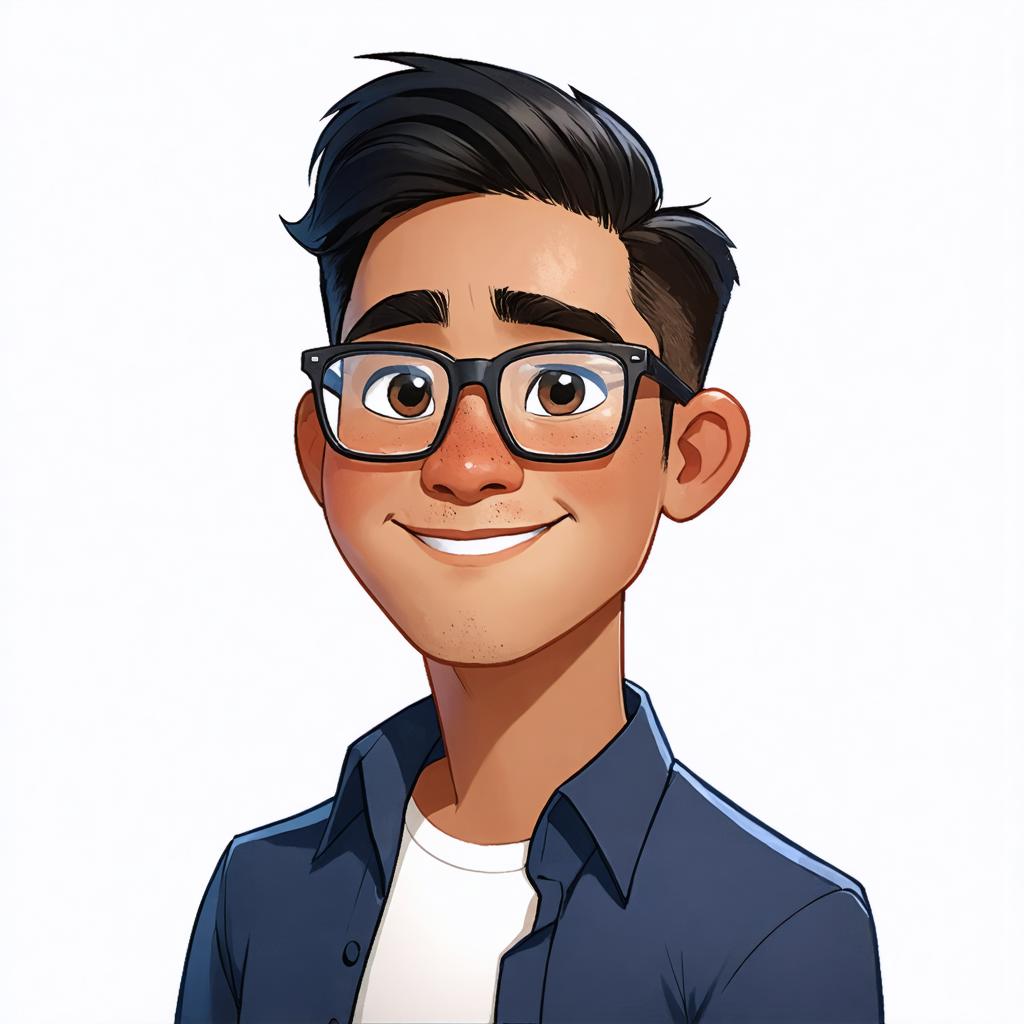 L'immagine presenta una rappresentazione allegra e a fumetti di un giovane uomo con capelli scuri, occhiali e un sorriso amichevole. Indossa una camicia blu e lo stile complessivo suggerisce una illustrazione digitale creata utilizzando il 'Generatore di immagini Stable Diffusion Ultra', uno strumento che consente agli utenti di generare immagini realistiche e coinvolgenti a partire da suggerimenti testuali.