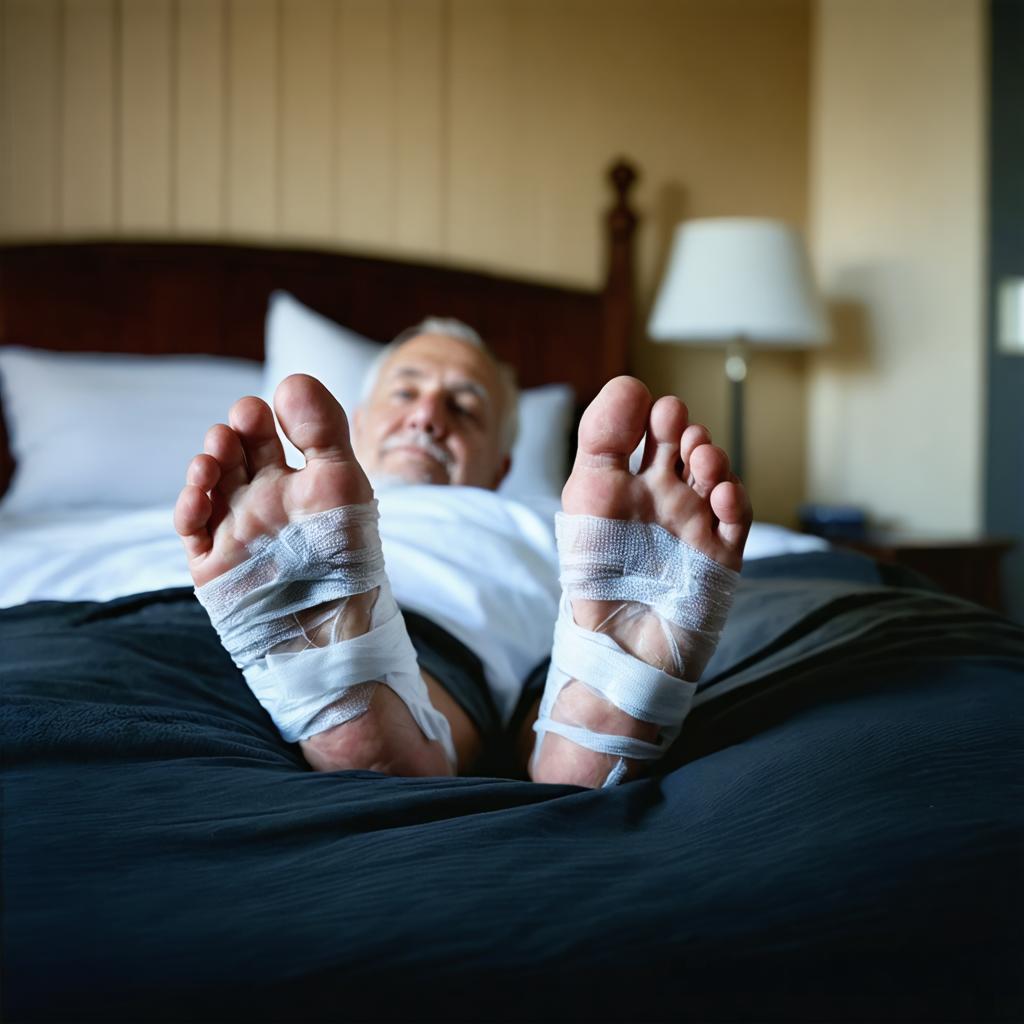 Experience the remarkable capabilities of Stable Diffusion Ultra image generator with this stunningly detailed and realistic image of a person's bandaged feet. Perfectly capturing intricate details and textures, this AI-generated image showcases the tool's ability to produce high-quality, photorealistic visuals, making it an invaluable asset for content creators and designers.
