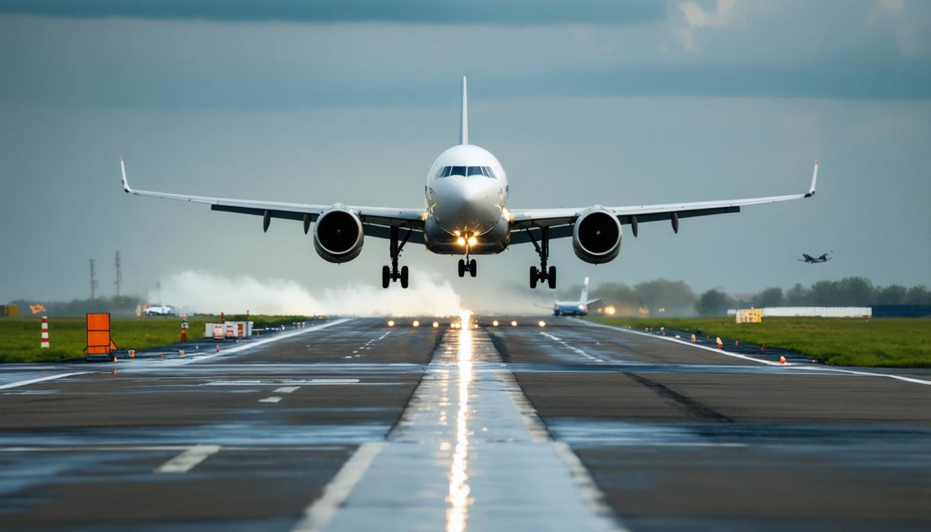 L'image met en scène un avion commercial blanc à deux moteurs, capturé en plein atterrissage sur une piste mouillée, avec de la fumée de pneus visible. Le cadre est composé d'un ciel partiellement nuageux, et au loin, on aperçoit un autre avion au sol. Cette image puissante a été générée à l'aide du 'Générateur d'images Stable Diffusion Ultra', connu pour sa capacité à créer des scènes réalistes et détaillées, idéales pour un contenu optimisé pour le SEO.