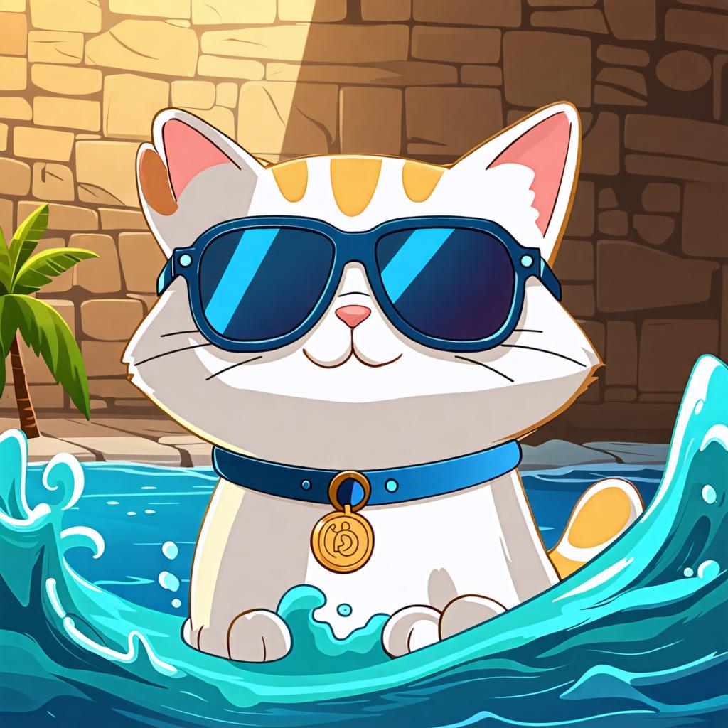 This image features a charming animated cat with a blue collar and a gold coin pendant, playfully emerging from a body of water, donning stylish sunglasses. The vibrant colors and whimsical design are a testament to the creativity and versatility of the 'Stable Diffusion Ultra image generator,' which allows users to create unique and engaging visual content with ease.