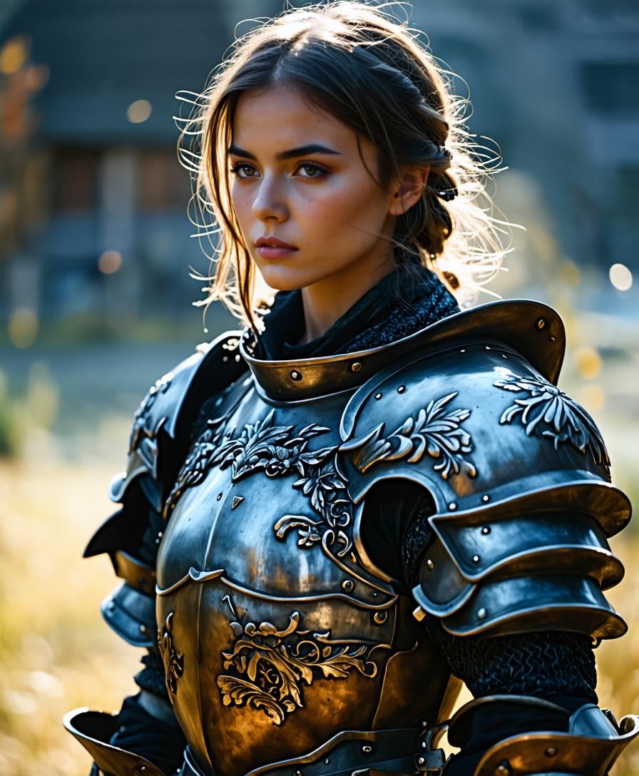 This is a high-resolution image of a young woman adorned in intricate, medieval armor, set against a blurred backdrop of a rustic village. The armor, with its detailed etchings and metallic sheen, is rendered with remarkable clarity and depth, highlighting the 'Stable Diffusion Ultra image generator's' capability to create photorealistic and detailed images from prompts.