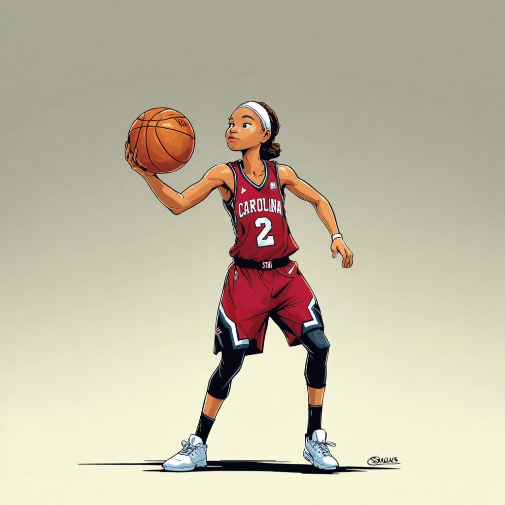 In the image, a female basketball player in a red "Carolina" jersey is captured mid-action, poised to shoot a basketball, embodying the dynamic and expressive capabilities of the 'Stable Diffusion Ultra image generator.' The player's intense focus and the vibrant colors of the jersey stand out, showcasing the tool's ability to create lifelike and detailed images that capture the energy of sports.