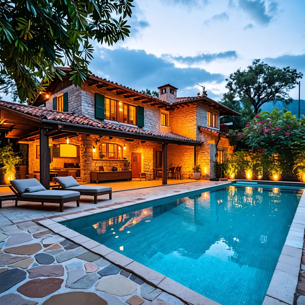 L'image présente un cadre extérieur luxueux avec une piscine bleu clair reflétant le ciel crépusculaire, entourée d'une terrasse pavée en pierre. Éclairée doucement par une lumière ambiante, la maison affiche un style architectural méditerranéen avec un toit en terre cuite et des murs en pierre, dégageant une atmosphère de tranquillité et d'élégance. Le générateur d'images Stable Diffusion Ultra a habilement rendu la scène avec des textures et des éclairages réalistes, capturant l'essence d'une soirée paisible dans un oasis privé.