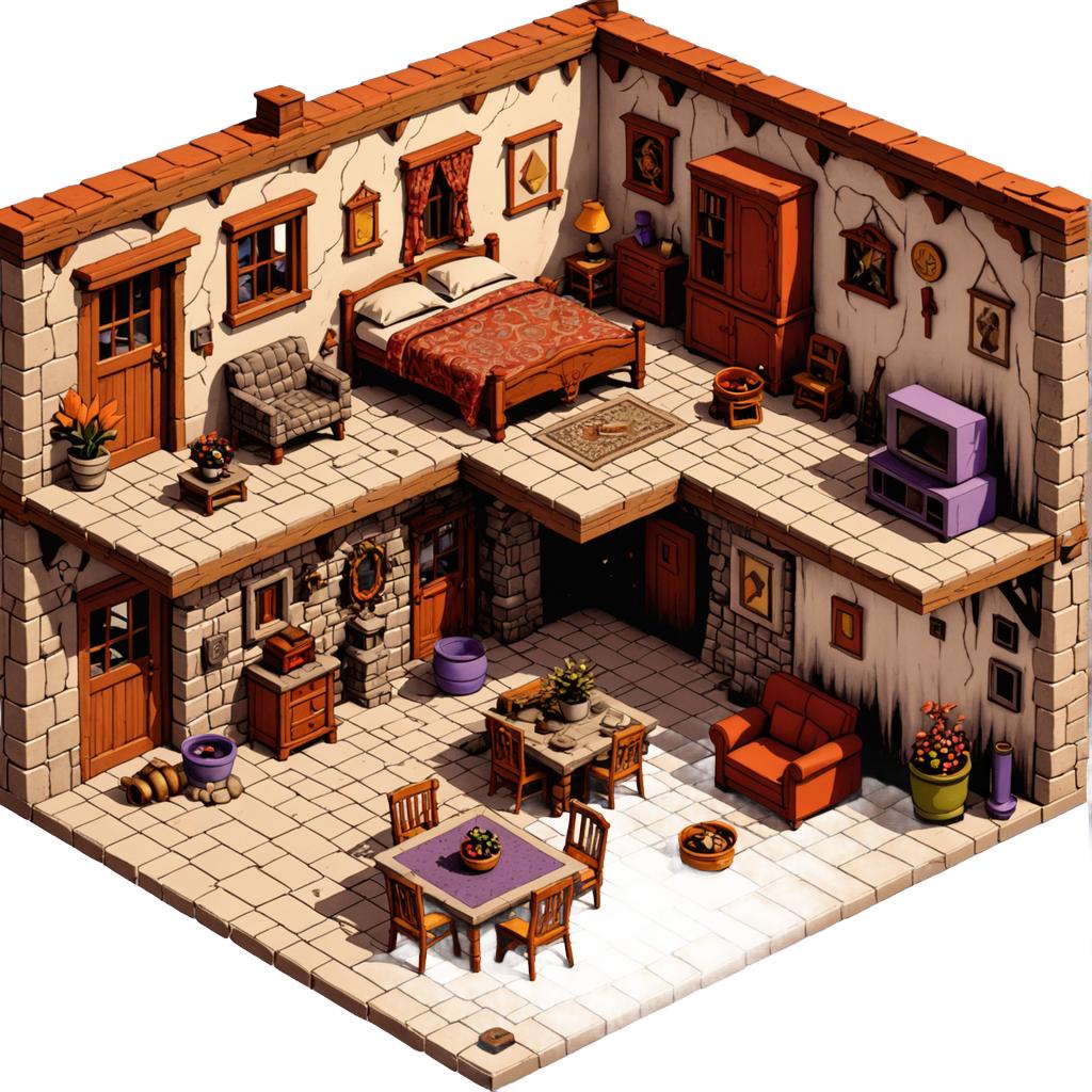 Cette image présente une pièce conçue de manière isométrique avec un charme rustique et accueillant, comprenant un lit, des meubles et des décorations, le tout mis en valeur sur un fond blanc uni, soulignant l'efficacité de la fonction « Supprimer le fond » pour créer des images propres et visuellement percutantes adaptées à divers usages.